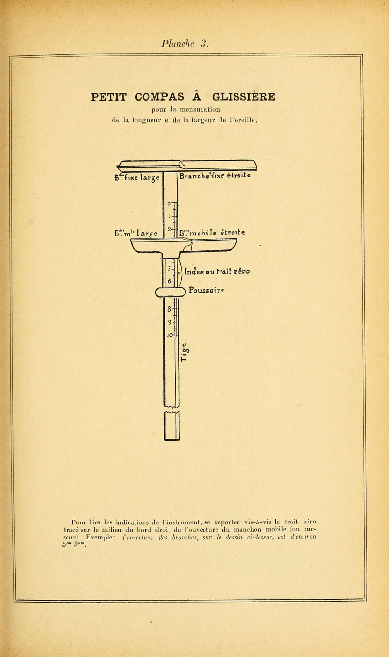 Planclie PETIT COMPAS A GLISSIÈRE pour la mensuration de la longueur et de la largeur de l'oreille. B'''fixe large B'Vtti'' 1 arge Branche'-fixe élroi^e B'!mol3ile étroite Index aw traîl zéro ■> PouiSOir.» 8- 9- J.o-1 ^ h Pour lire les indications de Tinslrument, se reporter vis-à-vis le Irait zéro tracé sur le milieu du bord droit de l'ouverture du manchon mobile (ou cur- seur!. Exemple: l'onvçrlwe des branches, sur le dessin ci-dessus, est d'environ 5'° 3—.