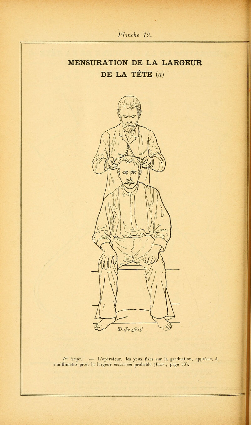 MENSURATION DE LA LARGEUR DE LA TÊTE (a) e-^ 3?cî^ûu/pe^ 1^^ temps. — L'opérateur, les yeux fixes bur la gi-aduation, apprécie, à