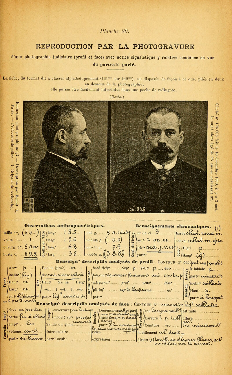 REPRODUCTION PAR LA PHOTOGRAVURE d'une photographie judiciaire (profil et face) avec notice signalétique y relative combinée en vue du portrait parle. La ticlic, du format dit à classer alpliabétiquemeut (iGl'°™ sur 142°), est disposée de façon à ce que, pliée eu deux en dessous de la i^hotograpliie, elle puisse être facilement introduite dans, une poche de redingote, [Becto.) iscrxatiosis aKiîhroposnéJrS«|ues. vaùte ._.-. . 1 - cnvcrg. l, 5 Ot»^ liuste 0, S 3-% \' £ long' l 5.6 .6.% .. 3-8 pied g médius g. auric g. foudée !?. ElenscSgncmicnis chromatiques. (A S, ^--icivkï 6,.n' de r\. D barbecMaX.XOU/X,.m. M 0.0) Î^^aur'-'C' OXy iri/ péi'* ayiAy. i. V-tît part 3Ô.5; che\euKckvaX',iTU..titÂ^. 4'^- 3 (Sang <4^ fArc Vj .... \inclin( SwJ ) o^Haut /Lars' ..-nv yn-... , Racine (proT') .tkl- ;Haut' m... Rerasc!«jn «Icscrâptifs araal;^sés de profiS : Contour g''occlbJc i^^Wt^d^^ --■' -■- bord 0ris' - Sup' p. Post' 1p...,ouv ^Uob.coni'idiu.eMeadh'^-uiMS'mod* iMflL. Dim'bx^.,.h Saillie I-arg' ^(A.U-g.incl° ..prof' j'crtO' Dim' 1 iru l iirv ■g/pli.î»/*' sup'to.Bxof^forme ; ec' parl'-fi-^l^«^!parl--l:^'ûUvt^a.ckj (parf _ v,,a.. ^...*^^^ Renseign • descriptifs analysés de îace : ConTotir G'\.ho^^M^^AU^£/:l.)âeÇ'..<^a^Mts^.. »(U'labiale -fa^- • ij f ('inclin* Oa^Sa/rvlÂ I^Haut' J3.. part cinouhKfi.^') . (chvx aiv )o<A,rJ:eo. : /ouverturefaauv^vci<*io /Dimensionax&Récjacw- | (cou 6;vT/arvooo«i,i^=|attitude a Ibarbe-f^A, «/xiCMTit rt |modelé sp lo't.oa^u^ g (tracé Ê>.i^u«.ekci<âcJ. ■! {Carrure L. fo. i..crS'allure Saillie du globe Iparf'3tk^win<^i«?!a:i;o ^Ceinture ,ii-u |vi5U .i-î-ucaÀclù>i.'UV& tnteroculaire. ^/empl'.....-, va/3 . S (volume ..c<HVuto '•''part fliv.-6x'0>are: part qcul' expression— rides .^.i^-^ habillement cot, cUoU:._.. divers (l).LcHv^ cU- oSevewoo Çtcunoo^ttfli*