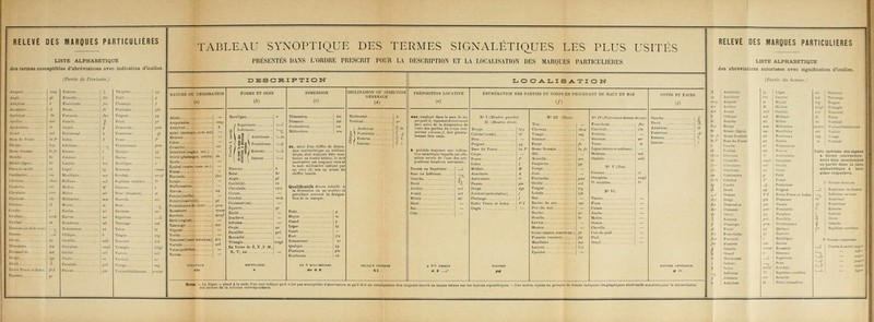 LISTE ALPHABÉTIQUE des termes susceptibles d'abréTiations avec indication d'icellôs. Frr,v;,:;::;: ^m M«»illuirL. ObUque OmblUc 0 Piirslltlo Pnuiic ^litltme vertèbre.. !'„ TABLEAU SYNOPTIQ^UE DES TERMES SIGNALÉTIQUES LES PLUS USEFÉS PRÉSEMÉS DANS LORDRE PRESCRIT POUR LA DESCRIPTION ET LA LOCALISATION DES MARQUES PARTICULIÈRES DESCialFTIOlSr ; OtJ DÉSIGNATION w *1 putaBon yi* ApI.ii{pliïl«n(M,osjB DM) Cl M Odt4r>arë(oiiglM. «te.)..\ ié(plikUii^, ortoHi) ÉpJ«I(..*.»-*.,..'l.] Fr. le K. oncle : rr.''!::::::::::: Par éeCereilte) Poî t(eicmtnoiel) miDbueode uhiir.... •«' n <i( V i „lgf, Tiq UBtd Tor lu vor.4(«.MUWoieto) Vol «(poitrine) Vor DIMENSION 3L.OCA.I_.ISJ^TIO]Sr mp\osi itm l« setii do i !e« colunoe/. doit ^urir » I (iftmln ifa»che) N IV(Pbilnn««(<i«kint. LISTE ALPHABÉTIQUE ; abréviations autorisées avec signification d'icelies. Liste aptelkle d«s slgiiM d, I D,T