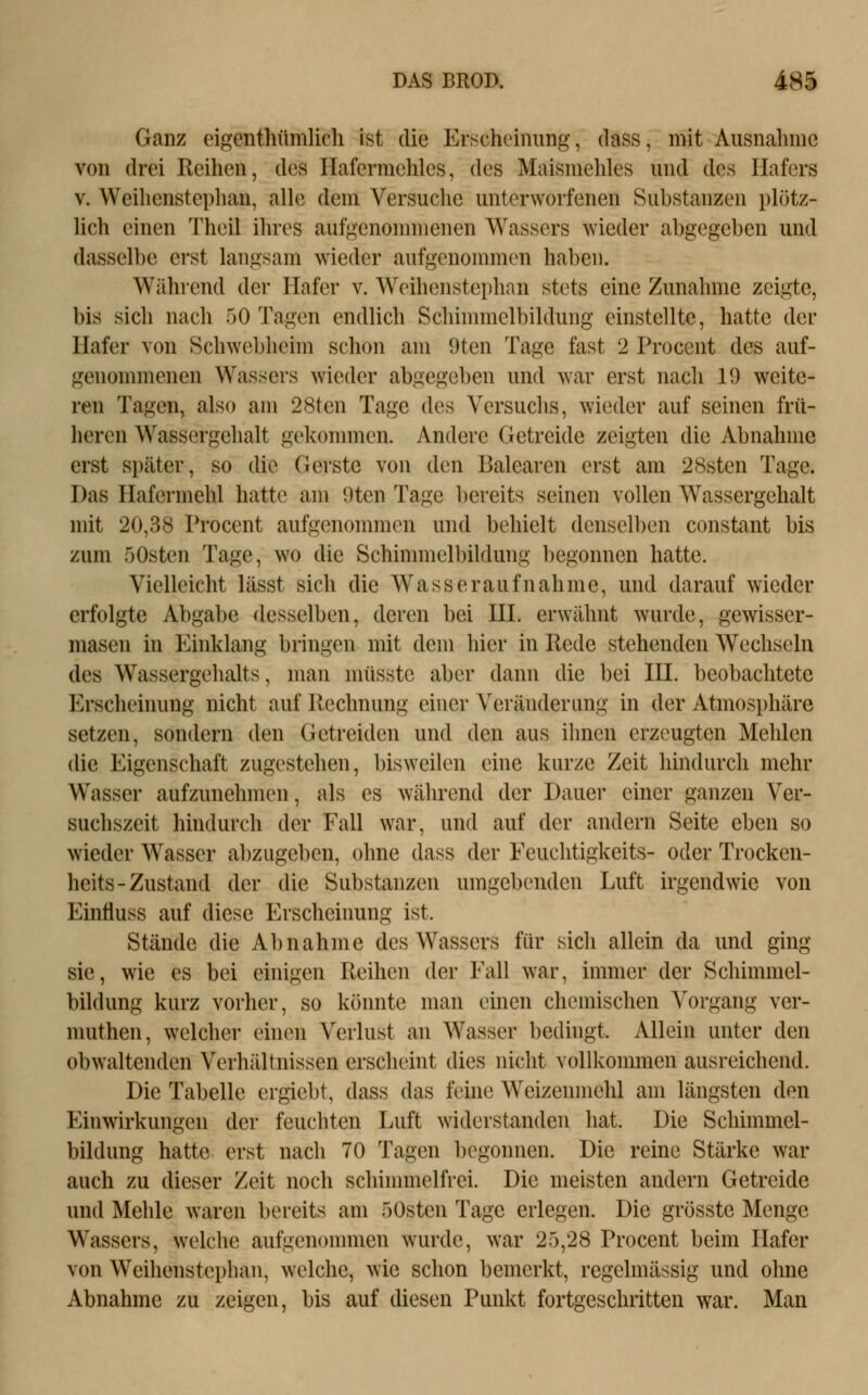 Ganz eigenthümlich ist die Erscheinung, dass, mit Ausnahme von drei Reihen, des Hafermehles, des Maismehles und des Hafers V. Weihenstephan, alle dem Versuche unterworfenen Substanzen plötz- lich einen Theil ihres aufgenonnnenen Wassers wieder abgegeben und dasselbe erst langsam wieder aufgenommen haben. Während der Hafer v. Weihenstephan stets eine Zunahme zeigte, bis sich nach 50 Tagen endlich Schinnnelbildung einstellte, hatte der Hafer von Schwebheim schon am 9ten Tage fast 2 Procent des auf- genommenen Wassers wieder abgegeben und war erst nach 19 weite- ren Tagen, also am 28ten Tage des Versuchs, wieder auf seinen frü- heren Wassergehalt gc^kommen. Andere Getreide zeigten die Abnahme erst später, so die Gerste von den Balearen erst am 28sten Tage. Das Hafermehl hatte am 9ten Tage bereits seinen vollen Wassergehalt mit 20,38 Procent aufgenommen und behielt denselben constant bis zum r)Osten Tage, wo die Schinnnelbildung begonnen hatte. Vielleicht lässt sich die Wasseraufnahme, und darauf wieder erfolgte Abgabe desselben, deren bei HL erwähnt wurde, gewisser- masen in Einklang bringen mit dem hier in Rede stehenden Wechseln des Wassergehalts, man müsste aber dann die bei HL beobachtete Erscheinung nicht auf Rechnung einer Veränderung in der Atmosphäre setzen, sondern den Getreiden und den aus ihnen erzeugten Mehlen die Eigenschaft zugestehen, bisweilen eine kurze Zeit hindurch mehr Wasser aufzunehmen, als es während der Dauer einer ganzen Ver- suchszeit hindurch der Fall war, und auf der andern Seite eben so wieder Wasser abzugeben, ohne dass der Feuchtigkeits- oder Trocken- heits-Zustand der die Substanzen umgebenden Luft irgendwie von Einfluss auf diese Erscheinung ist. Stände die Abnahme des Wassers für sich allein da und ging sie, wie es bei einigen Reihen der Fall war, immer der Schimmel- bildung kurz vorher, so könnte man einen chemischen Vorgang ver- muthen, welcher einen Verlust an Wasser bedhigt. Allein unter den obwaltenden Verhältnissen erscheint dies nicht vollkommen ausreichend. Die Tabelle ergiebt, dass das feine Weizenmehl am längsten den Einwirkungen der feuchten Luft widerstanden hat. Die Schimmel- bildung hatte erst nach 70 Tagen begonnen. Die reine Stärke war auch zu dieser Zeit noch schinnnelfrei. Die meisten andern Getreide und Mehle waren bereits am r)0sten Tage erlegen. Die grösste Menge Wassers, welche aufgenonnnen wauxle, war 25,28 Procent beim Hafer von Weihenstephan, welche, wie schon bemerkt, regelmässig und ohne Abnahme zu zeigen, bis auf diesen Punkt fortgeschritten war. Man