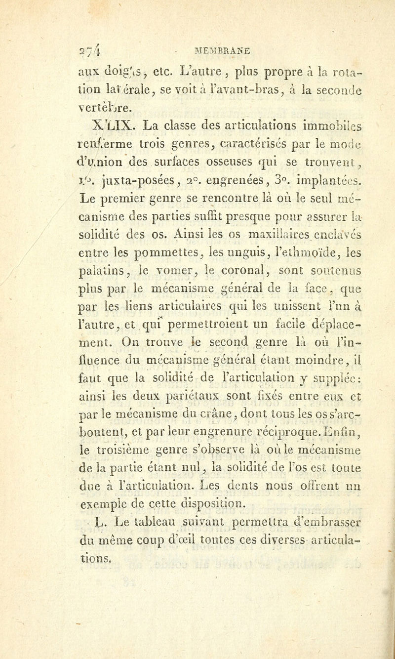 2 74 • MEMBRANE aux dois'is, etc. L'autre, plus propre à la rota- lion latérale, se voit à Fcivant-bras, à la seconde vertèbre. X'LIX. La classe des articulations immobiles reaCerme trois genres, caractérisés par le mode d'u.nion des surfaces osseuses qui se trouvent, V^. juxta-posées, 2-. engrenées, 3*=». implantées. Le premier genre se rencontre là où le seul mé- canisme des parties suffit presque pour assurer la solidité des os. Ainsi les os maxillaires enclavés entre les pommettes, les unguis, l'ethmoïde, les palatins, le vomer, le coronal, sont soutenus plus par le mécanisme général de la face, que par les liens articulaires qui les unissent l'un à l'autre, et.quf permettroient un facile déplace- ment. On trouve le second genre lu où l'in- fluence du mécanisme général éta^nt moindre, il faut que la solidité de l'articulation y supplée: ainsi les deux pariétaux sont fixés entre eux et par le mécanisme du crâne, dont tous les oss'arc- boutent, et par leur engrenure réciproque.Enfin, le troisième genre s'observe là où le mécanisme de la partie étant nul, la solidité de l'os est toute due à rarticulation. Les dents nous offrent un exemple de cette disposition. L. Le tableau suivant permettra d'embrasser du même coup d'oeil toutes ces diverses articula- tions.