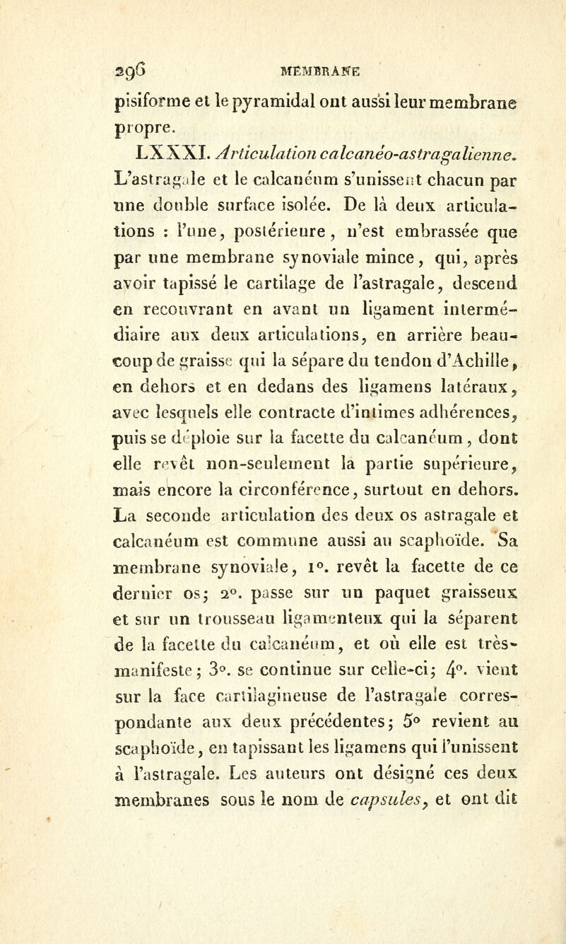 pisiforme et le pyramidal ont aussi leur membrane propre. LXXXI. Articulation calcanéo-astragalienne. L'astragale et le calcanénm s'unissent chacun par une double surfoce isolée. De là deux articula- tions : Tune, postérieure, n'est embrassée que par une membrane synoviale mince, qui, après avoir tapissé le cartilage de l'astragale, descend en recouvrant en avant un ligament intermé- diaire aux deux articulations, en arrière beau- coup de graisse qui la sépare du tendon d'Achille, en dehors et en dedans des ligamens latéraux, avec lesquels eWe contracte d'intimes adhérences, puis se dï^ploie sur la facette du calcancum, dont elle r^'vêt non-seulement la partie supérieure, mais encore la circonférence, surtout en dehors. La seconde articulation des deux os astragale et caîcanéum est commune aussi au scaphoïde. Sa membrane synoviale, i^. revêt la facette de ce dernier os^ 2». passe sur un paquet graisseux et sur un trousseau ligamenteux qui la séparent de la facette du calcanéum, et où elle est très- manifeste; 3». se continue sur celle-ci; If. vient sur la face cartilagineuse de l'astragale corres- pondante aux deux précédentes; 5<* revient an scaphoïde, en tapissant les ligamens qui l'unissent à l'astragale. Les auteurs ont désigné ces deux membranes sous le nom de capsules^ et ont dit