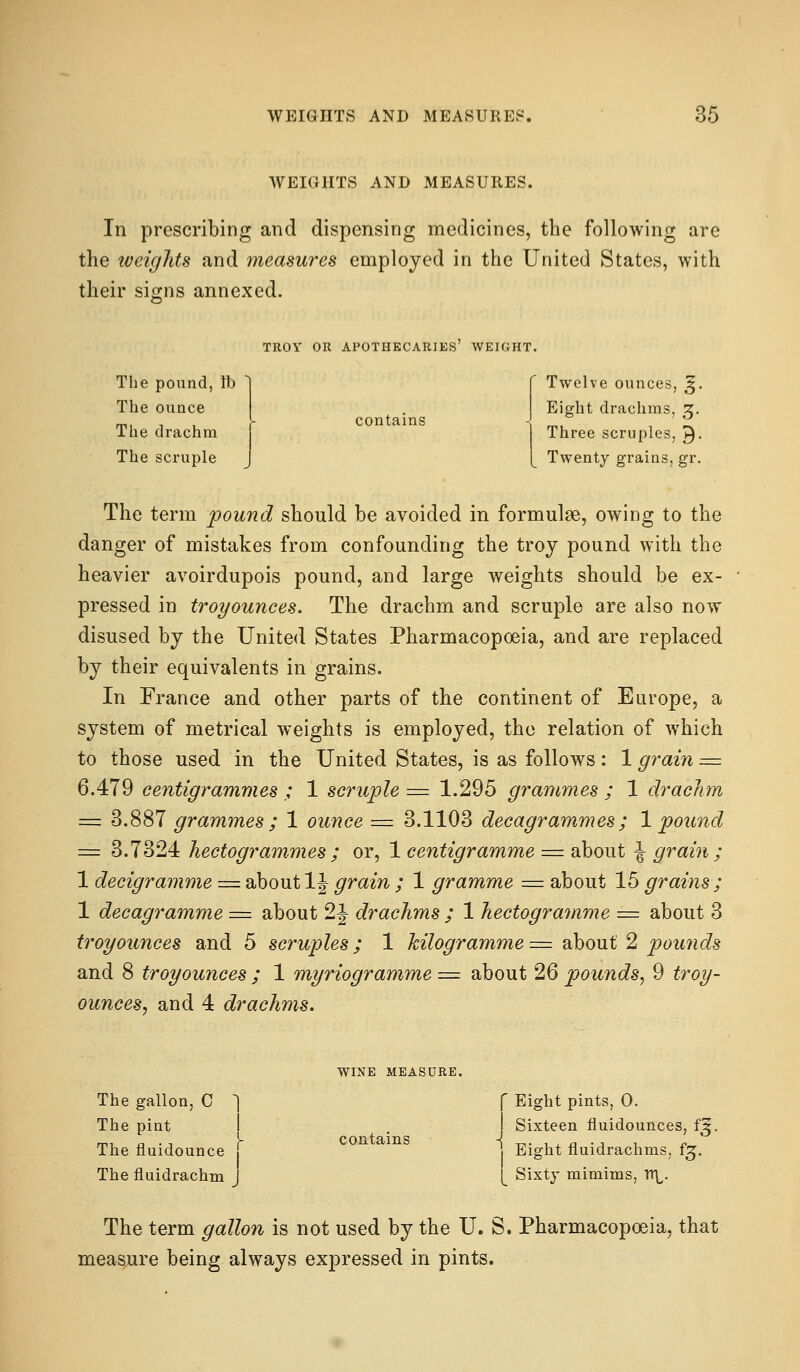 AVEIGIITS AND MEASURES. In prescribing and dispensing medicines, the following are the weights and measures employed in the United States, with their signs annexed. TROY OR apothecaries' WEIGHT. The pound, lb The ounce The drachm The scruple contains Twelve ounces, ^. Eight drachms, 3. Three scruples, 9- Twenty grains, gr. The term pound should be avoided in formulae, owing to the danger of mistakes from confounding the troy pound with the heavier avoirdupois pound, and large weights should be ex- pressed in troyounces. The drachm and scruple are also now disused by the United States Pharmacopoeia, and are replaced by their equivalents in grains. In France and other parts of the continent of Europe, a system of metrical weights is employed, the relation of which to those used in the United States, is as follows: 1 grain = 6.479 centigrammes ; 1 scruple = 1.295 grammes ; 1 drachm = 3.887 grammes; 1 ounce = 3.1103 decagrammes; 1 pound = 3.7324 hectogrammes ; or, 1 centigramme = about ^ grain ; 1 decigramme = about 1J grain ; 1 gramme =r about 15 grains ; 1 decagramme = about 2J drachms ; 1 hectogramme := about 3 troyounces and 5 scruples; 1 kilogramme = about 2 pounds and 8 troyounces ; 1 myriogramme = about 26 pounds^ 9 troy- ounces, and 4 drachms. The gallon, C ] The pint I The fluidounce [ The fluidrachm J WINE MEASURE. contains f Eight pints, 0. Sixteen fluidounces, fi I Eight fluidrachms, fj. [ Sixty mimims, Tt\,. The term gallon is not used by the U. S. Pharmacopoeia, that measure being always expressed in pints.