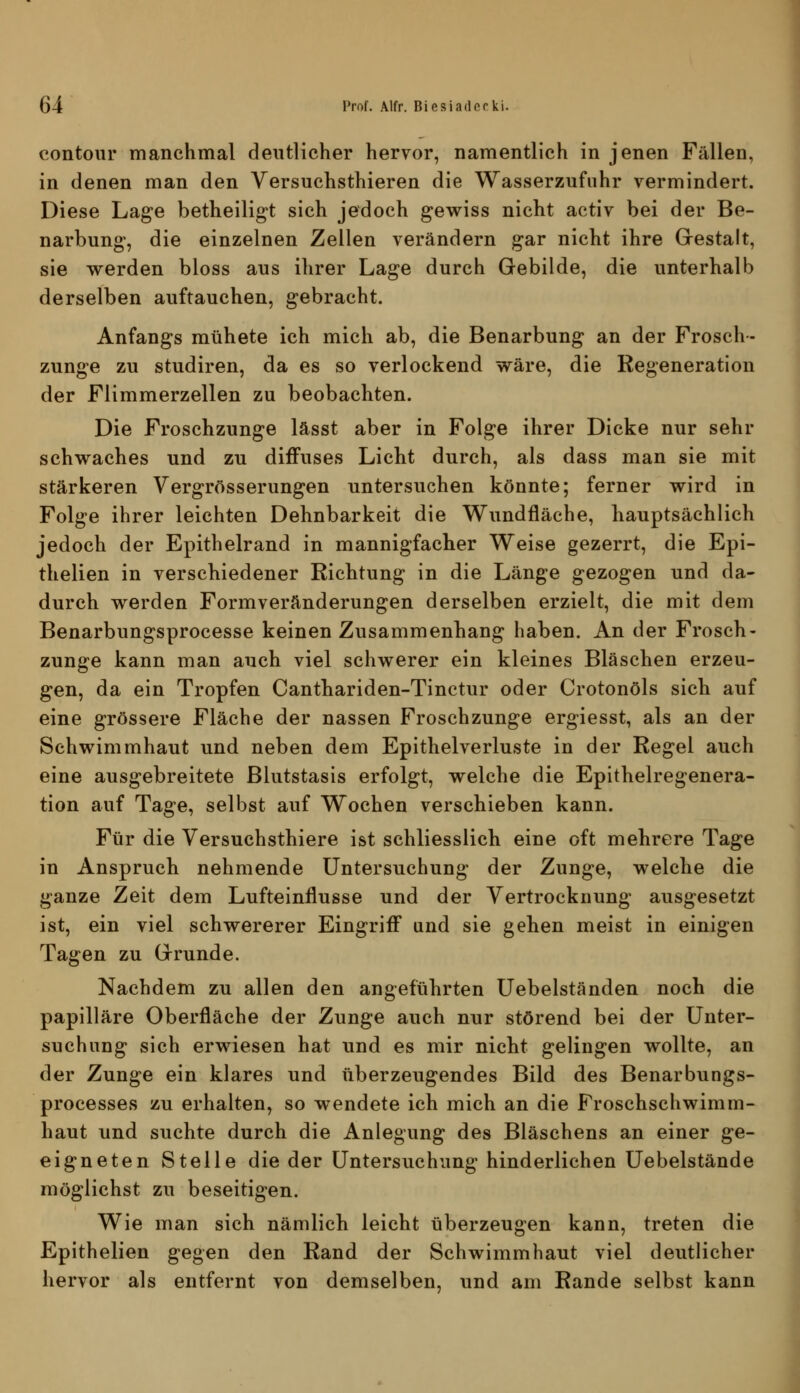 contour manchmal deutlicher hervor, namentlich in jenen Fällen, in denen man den Versuchsthieren die Wasserzufiihr vermindert. Diese Lage betheiligt sich jedoch gewiss nicht activ bei der Be- narbung, die einzelnen Zellen verändern gar nicht ihre Gestalt, sie werden bloss aus ihrer Lage durch Gebilde, die unterhalb derselben auftauchen, gebracht. Anfangs mühete ich mich ab, die Benarbung an der Frosch- zunge zu Studiren, da es so verlockend wäre, die Regeneration der Flimmerzellen zu beobachten. Die Froschzunge lässt aber in Folge ihrer Dicke nur sehr schwaches und zu diffuses Licht durch, als dass man sie mit stärkeren Vergrösserungen untersuchen könnte; ferner wird in Folge ihrer leichten Dehnbarkeit die Wundfläche, hauptsächlich jedoch der Epithelrand in mannigfacher Weise gezerrt, die Epi- thelien in verschiedener Richtung in die Länge gezogen und da- durch werden Formveränderungen derselben erzielt, die mit dem Benarbungsprocesse keinen Zusammenhang haben. An der Frosch- zunge kann man auch viel schwerer ein kleines Bläschen erzeu- gen, da ein Tropfen Canthariden-Tinctur oder Crotonöls sich auf eine grössere Fläche der nassen Froschzunge ergiesst, als an der Schwimmhaut und neben dem Epithelverluste in der Regel auch eine ausgebreitete ßlutstasis erfolgt, welche die Epithelregenera- tion auf Tage, selbst auf Wochen verschieben kann. Für die Versuchsthiere ist schliesslich eine oft mehrere Tage in Anspruch nehmende Untersuchung der Zunge, welche die ganze Zeit dem Lufteinflusse und der Yertrocknung ausgesetzt ist, ein viel schwererer Eingriff und sie gehen meist in einigen Tagen zu Grunde. Nachdem zu allen den angeführten Uebelständen noch die papilläre Oberfläche der Zunge auch nur störend bei der Unter- suchung sich erwiesen hat und es mir nicht gelingen wollte, an der Zunge ein klares und überzeugendes Bild des Benarbungs- processes zu erhalten, so wendete ich mich an die Froschschwimm- haut und suchte durch die Anlegung des Bläschens an einer ge- eigneten Stelle die der Untersuchung hinderlichen Uebelstände möglichst zu beseitigen. Wie man sich nämlich leicht überzeugen kann, treten die Epithelien gegen den Rand der Schwimmhaut viel deutlicher hervor als entfernt von demselben, und am Rande selbst kann