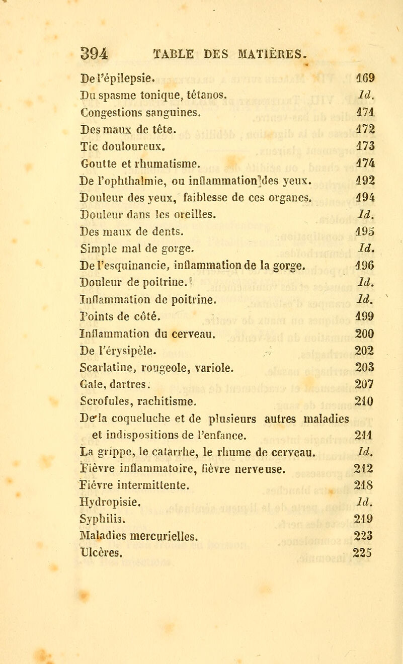 Del'épilepsie. 169 Du spasme tonique, tétanos. Id. Congestions sanguines. 471 Des maux de tête. 172 Tic douloureux. 173 Goutte et rhumatisme. 174 De l'ophtlialmie, ou inQammation^des yeux. 192 Douleur des yeux, faiblesse de ces organes. 494 Douleur dans les oreilles. Id. Des maux de dents. 195 Simple mal de gorge. Id, De l'esquinancie, inflammation de la gorge. 196 Douleur de poitrine.^ Id. Inflammation de poitrine. Id. Points de côté. 199 Inflammation du cerveau. 200 De Térysipèle. 202 Scarlatine, rougeole, variole. 203 Ga!e, dartres. 207 Scrofules, rachitisme. 210 Dcia coqueluche et de plusieurs autres maladies et indispositions de l'enfance. 211 La grippe, le catarrhe, le rhume de cerveau. Id. Fièvre inflammatoire, fièvre nerveuse. 212 Fièvre intermittente. 218 Hydropisie. Id. Syphilis. 219 Maladies mercurielies. 223 Ulcères. 225