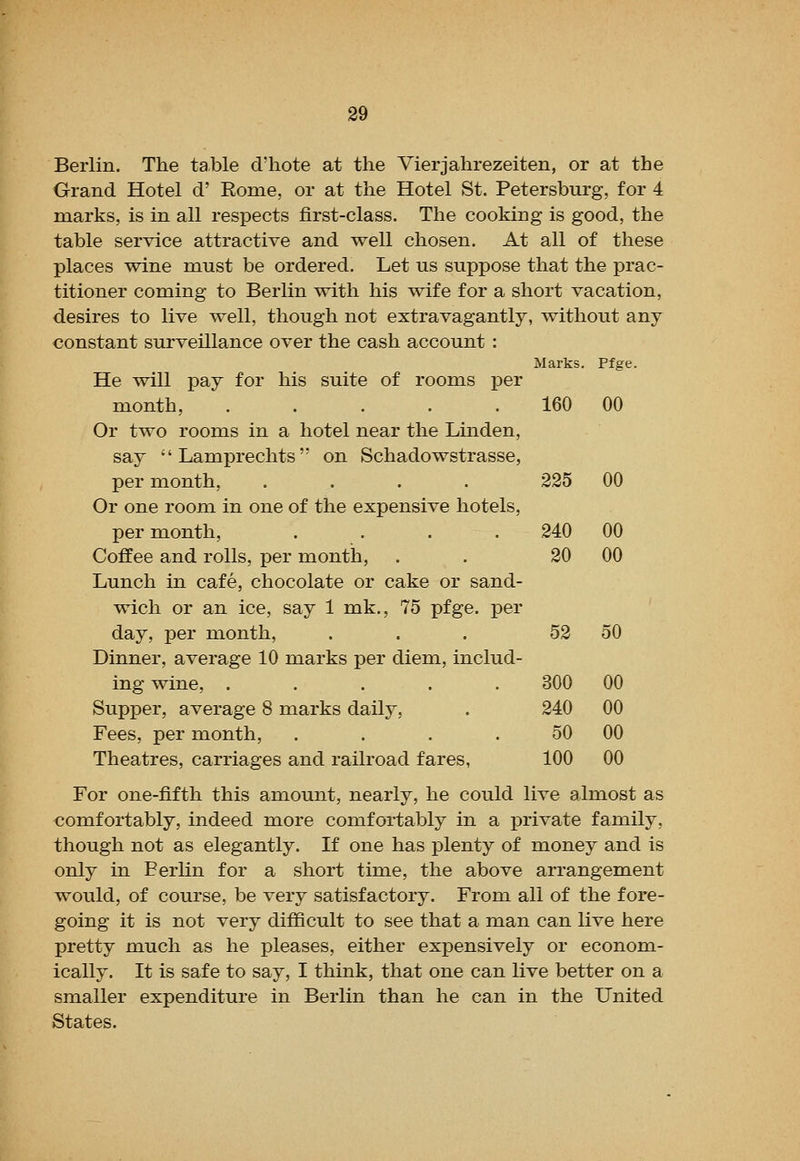 Berlin. The table d'hote at the Vierjahrezeiten, or at the Grand Hotel d' Eome, or at the Hotel St. Petersburg, for 4 marks, is in all respects first-class. The cooking is good, the table service attractive and well chosen. At all of these places wine must be ordered. Let us suppose that the prac- titioner coming to Berlin with his wife for a short vacation, desires to live well, though not extravagantly, without any constant surveillance over the cash account : Marks. Pfge. He will pay for his suite of rooms per month, . . . . . 160 00 Or two rooms in a hotel near the Linden, say Lamprechts on Schadowstrasse, per month, .... 225 00 Or one room in one of the expensive hotels, per month, . . . . 240 00 Coffee and rolls, per month, . . 20 00 Lunch in cafe, chocolate or cake or sand- wich or an ice, say 1 mk., 75 pfge, per day, per month, ... 52 50 Dinner, average 10 marks per diem, includ- ing wine, ..... Supper, average 8 marks daily. Fees, per month, .... Theatres, carriages and railroad fares, For one-fifth this amount, nearly, he could live almost as comfortably, indeed more comfortably in a private family, though not as elegantly. If one has plenty of money and is only in Berlin for a short time, the above arrangement would, of course, be very satisfactory. From all of the fore- going it is not very difficult to see that a man can live here pretty much as he pleases, either expensively or econom- ically. It is safe to say, I think, that one can live better on a smaller expenditure in Berlin than he can in the United States. 300 00 240 00 50 00 100 00