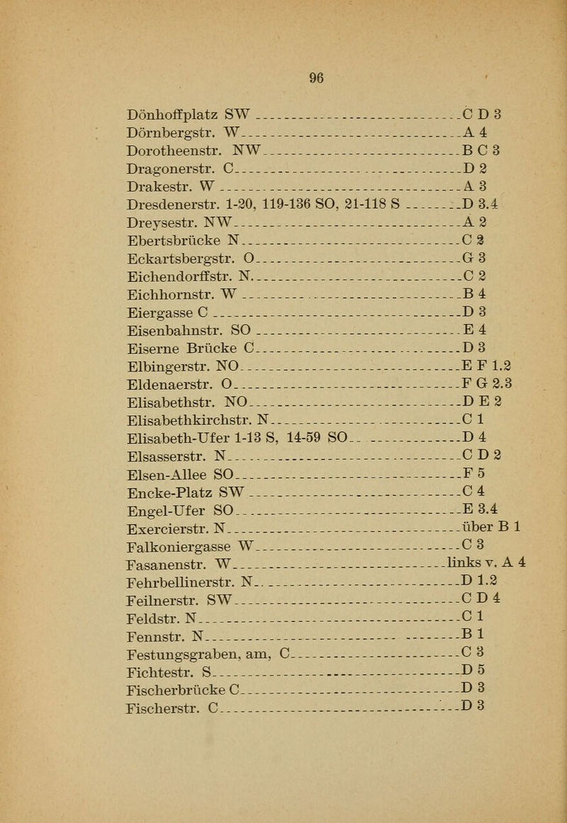 Donhoffplatz SW CDS Dornbergstr. W A 4 Dorotheenstr. NW BC3 Dragonerstr. C D2 Drakestr. W A3 Dresdenerstr. 1-20, 119-136 SO, 21-118 S ..D 3.4 Dreysestr. NW A 2 Ebertsbrlicke N C2 Eckartsbergstr. O G3 Eichendorffstr. N C2 Eichhornstr. W B 4 Eiergasse C D3 Eisenbahnstr. SO E 4 Eiserne Briicke C D3 Elbingerstr. NO E F 1.2 Eldenaerstr. O F G 2.3 Elisabethstr. NO D E 2 Elisabethkirchstr. N CI Elisabeth-Ufer 1-13 S, 14-59 SO D4 Elsasserstr. N C D 2 Elsen-AUee SO F5 Encke-Platz SW C4 Engel-Ufer SO E 3.4 Exercierstr. N uber B 1 Falkoniergasse W C3 Fasanenstr. W . links v. A 4 Fehrbellinerstr. N D 1.2 Feilnerstr. SW CD4 Feldstr. N CI Fennstr. N B 1 Festungsgraben, am, C C3 Fichtestr. S D 5 Fischerbrlicke C D3 Fischerstr. C D 3