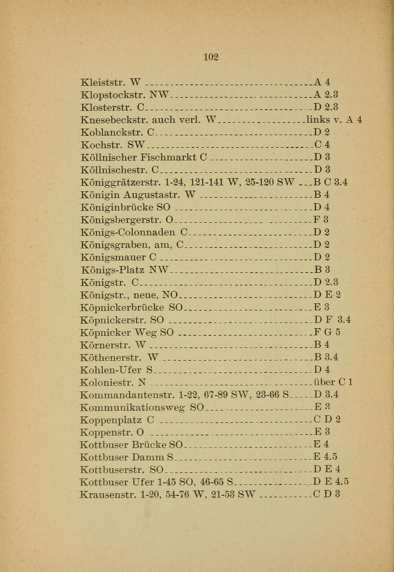 Xleiststr. W A4 Klopstockstr. NW -_-..A2.3 Klosterstr. C -. -D3.3 Knesebeckstr. auch verl. W links v. A 4 Koblanckstr. C D 2 Kochstr. SW ..C4 Kollnischer Fischmarkt C D 3 Kollnischestr. C D 3 Koniggratzerstr. 1-24, 121-141 W, 25-120 SW ._.B C 3.4 Xonigin Augustastr. W B4 Xoniginbriicke SO D 4 Konigsbergerstr. O F3 Xonigs-Colonnaden C D2 Konigsgraben, am, C D 2 Konigsmauer C D 2 Konigs-Platz NW B3 Konigstr. C D 2.3 Konigstr., neue, NO DE 2 Kopnickerbriicke SO E 3 Xopnickerstr. SO DF 3.4 Kopnicker Weg SO F G5 Kornerstr. W 3 4 Kothenerstr. W B 3.4 Kohlen-Ufer S D 4 Koloniestr. N iiber C 1 Xommandantenstr. 1-22, 67-89 SW, 23-66 S D 3.4 Kommunikationsweg SO E 3 Koppenplatz C CD2 Koppenstr. O E3 Kottbuser Briicke SO E4 Kottbuser Damm S E 4.5 Kottbuserstr. SO DE4 Kottbuser Ufer 1-45 SO, 46-65 S ,_D E 4.5 Krausenstr. 1-20, 54-76 W, 21-53 SW C D 3