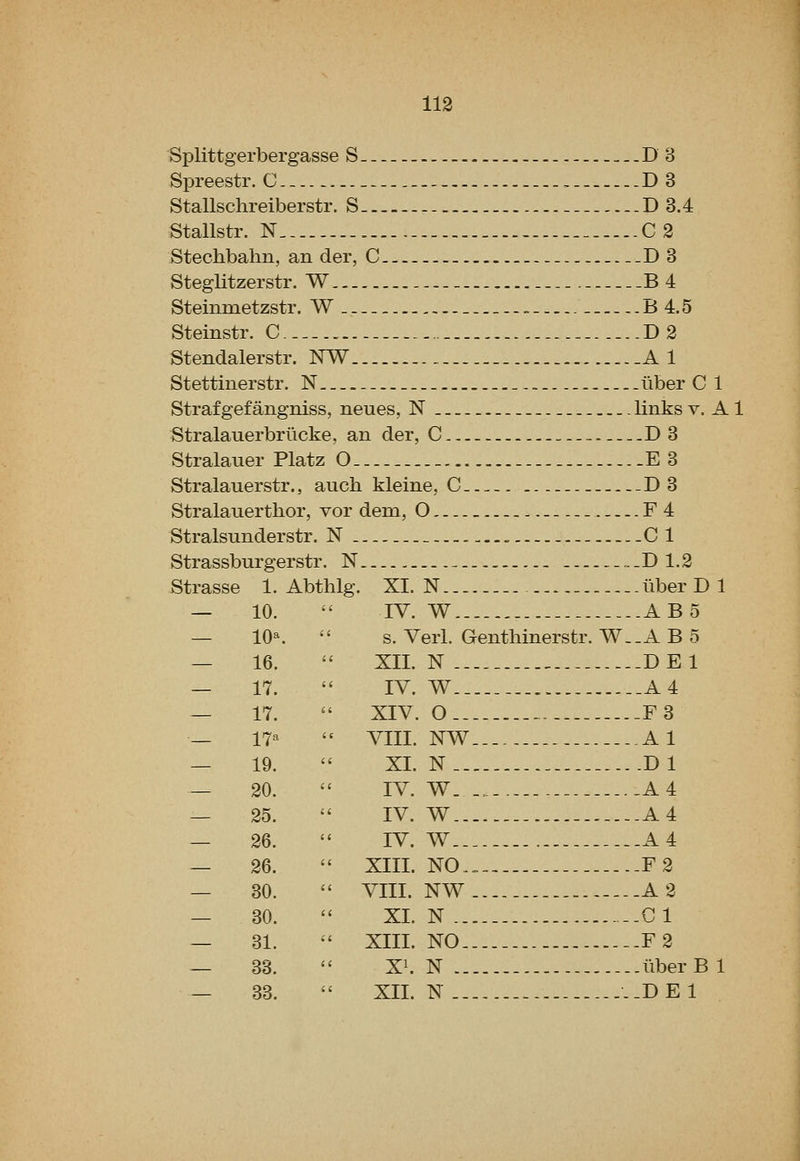 113 Splittgerbergasse S D8 Spreestr. C _ D 3 Stallschreiberstr. S D 3.4 Stallstr. N _ C 2 Stechbahn, an der, C ..D 3 Steglitzerstr. W B4 Steimnetzstr. W B4.5 Steinstr. C... D2 Stendalerstr. NW .A 1 Stettinerstr. N liber C 1 Straf gef angniss, neues, N links v. A1 Stralauerbrlicke, an der, C D 3 Stralauer Platz O -E 3 Stralauerstr., auch kleine, C -D3 Stralauerthor, vor dem, O F4 Stralsunderstr. N CI Strassburgerstr. N - D 1.2 Strasse 1. Abthlg. XL N liber D 1 — 10. IV. W AB5 — 10^ s. Verl. Genthinerstr. W-.AB5 — 16. XII. N DEI — 17. IV. W _A4 — 17. XIV. O -F3 — 17^ VIII. NW Al — 19. XL N. Dl — 20. IV. W A4 — 25. IV. W A4 — 26. IV. W A4 — 26. XIIL NO F2 — 30. VIIL NW ....A2 — 30. XL N --C1 — 31. XIIL NO _.F2 — 33. XI. N - liberBl — 33. XIL N ..DEI