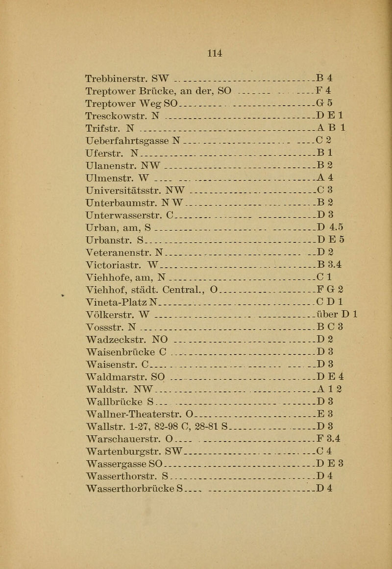 Trebbinerstr. SW B 4 Treptower Briicke, an der, SO F 4 Treptower Weg SO G5 Tresckowstr. N .. --. D E 1 Trifstr. N 4B 1 Ueberfahrtsgasse N C 2 Ufei'str. N ...B 1 Ulanenstr. NW B2 Ulmenstr. W A4 Universitatsstr. NW C3 Unterbaumstr. NW B2 Unterwasserstr. C. D 3 Urban, am, S D 4.5 Urbanstr. S --D E 5 Veteranenstr. N ..D 2 Victoriastr. W ..B3.4 Viehhofe, am, N --C1 Viehhof, stadt. Central., O... FG2 Vineta-Platz N _- GDI Volkerstr. W liber D Vossstr. N BC3 Wadzeckstr. NO D2 Waisenbrlicke C .. _ D 3 Waisenstr. C D3 Waldmarstr. SO .._ ....DE4 Waldstr. NW Al 2 Wallbriicke S... D3 Wallner-Theaterstr. O E3 Wallstr. 1-27, 82-98 C, 28-81 S D 3 Warscliauerstr. O F 3.4 Wartenburgstr. SW .-.04 Wassergasse SO .D E 3 Wasserthorstr. S D 4 Wasserthorbrlicke S D4