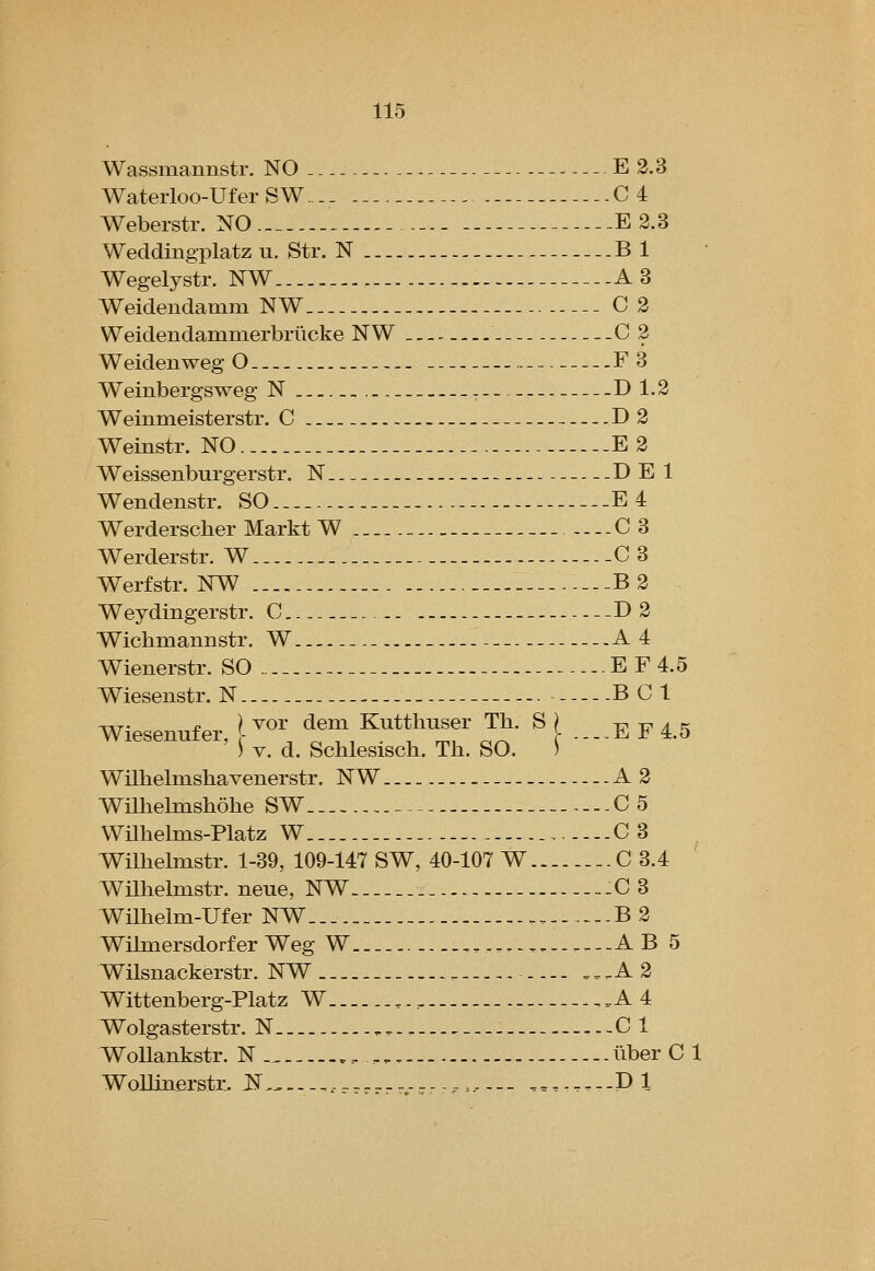 Wassmannstr. NO E 2.3 Waterloo-Ufer SW C4 Weberstr. N0.._- E 2.3 Weddingplatz u. Str. N Bl Wegelystr. NW A3 Weidendamm NW.... C 2 Weidendammerbriicke NW _.., C 2 Weidenweg O F 3 Weinbergsweg N D1.2 Weinmeisterstr. C D2 Weinstr. NO .-E 2 Weissenburgerstr. N DE 1 Wendenstr. SO.... ...E4 Werderscher Markt W C 3 Werderstr. W.. -C3 Werfstr. NW B2 Weydingerstr. C D2 Wichmannstr. W -.A4 Wienerstr. SO E F 4.5 Wiesenstr. N B C 1 Wiesenufer, [ ™; ^T, ^-^f r Th. S j. ^ j, 4 5 ) V. d. Schlesisch. Th. SO. ) Wilhelmshavenerstr. NW A2 Wilhelmshohe SW C5 Wilhelms-Platz W C3 ^ Wilhelmstr. 1-39, 109-147 SW, 40-107 W C 3.4 Wilhelmstr. neue, NW ....C 3 Wilhelm-Ufer NW B2 Wilmersdorfer Weg W ,., _..AB 5 Wilsnackerstr. NW • _A 2 Wittenberg-Platz W ,._. .A 4 Wolgasterstr. N. _.. . ..-CI WoUankstr. N liber C 1 Wollinfirstr.. :N .,_...„ ,-=..--- ,....-..Pl