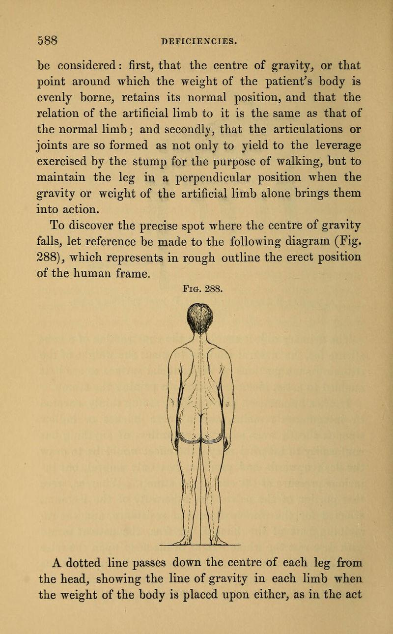 be considered: first, that the centre of gravity, or that point around which the weight of the patient^s body is evenly borne, retains its normal position, and that the relation of the artificial limb to it is the same as that of the normal limb; and secondly, that the articulations or joints are so formed as not only to yield to the leverage exercised by the stump for the purpose of walking, but to maintain the leg in a perpendicular position when the gravity or weight of the artificial limb alone brings them into action. To discover the precise spot where the centre of gravity falls, let reference be made to the following diagram (Fig. 288), which represents in rough outline the erect position of the human frame. Fig. 288. A dotted line passes down the centre of each leg from the head, showing the line of gravity in each limb when the weight of the body is placed upon either, as in the act
