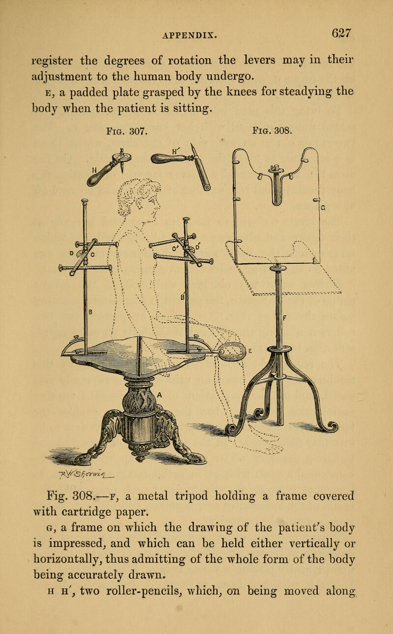 register the degrees of rotation the levers may in their adjustment to the human body undergo. E, a padded plate grasped by the knees for steadying the body when the patient is sitting. Fia. 307. Fia. 308. Fig. 308.—F, a metal tripod holding a frame covered with cartridge paper. G, a frame on which the drawing of the patient's body is impressed^ and which can be held either vertically or horizontally, thus admitting of the whole form of the body being accurately drawn. H h', two roller-pencils, which, on being moved along