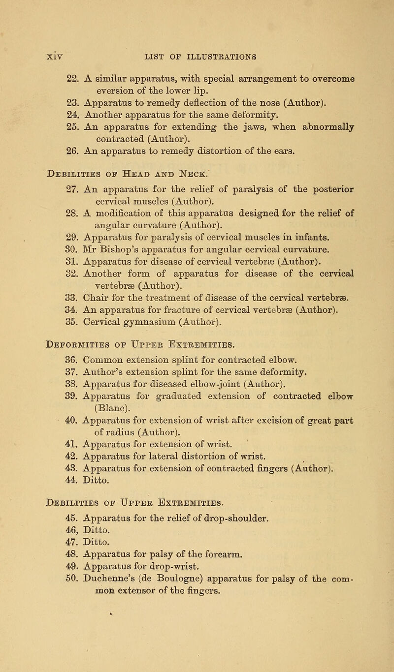 22. A similar apparatus, with special arrangement to overcome eversion of the lower lip. 23. Apparatus to remedy deflection of the nose (Author). 24. Another apparatus for the same deformity. 25. An apparatus for extending the jaws, when abnormally contracted (Author). 26. An apparatus to remedy distortion of the ears. Debilities of Head and Neck. 27. An apparatus for the relief of paralysis of the posterior cervical muscles (Author). 28. A modification of this apparatus designed for the relief of angular curvature (Author). 29. Apparatus for paralysis of cervical muscles in infants. 30. Mr Bishop's apparatus for angular cervical curvature. 31. Apparatus for disease of cervical vertebrae (Author). 32. Another form of apparatus for disease of the cervical vertebrae (Author). 33. Chair for the treatment of disease of the cervical vertebrae. 34. An apparatus for fracture of cervical vertebras (Author). 35. Cervical gymnasium (Author). Deformities of Upper Extremities. 36. Common extension splint for contracted elbow. 37. Author's extension splint for the same deformity. 38. Apparatus for diseased elbow-joint (Author). 39. Apparatus for graduated extension of contracted elbow (Blanc). 40. Apparatus for extension of wrist after excision of great part of radius (Author). 41. Apparatus for extension of wrist. 42. Apparatus for lateral distortion of wrist. 43. Apparatus for extension of contracted fingers (Author). 44. Ditto. Debilities of Upper Extremities. 45. Apparatus for the relief of drop-shoulder. 46. Ditto. 47. Ditto. 48. Apparatus for palsy of the forearm. 49. Apparatus for drop-wrist. 50. Duchenne's (de Boulogne) apparatus for palsy of the com- mon extensor of the fingers.