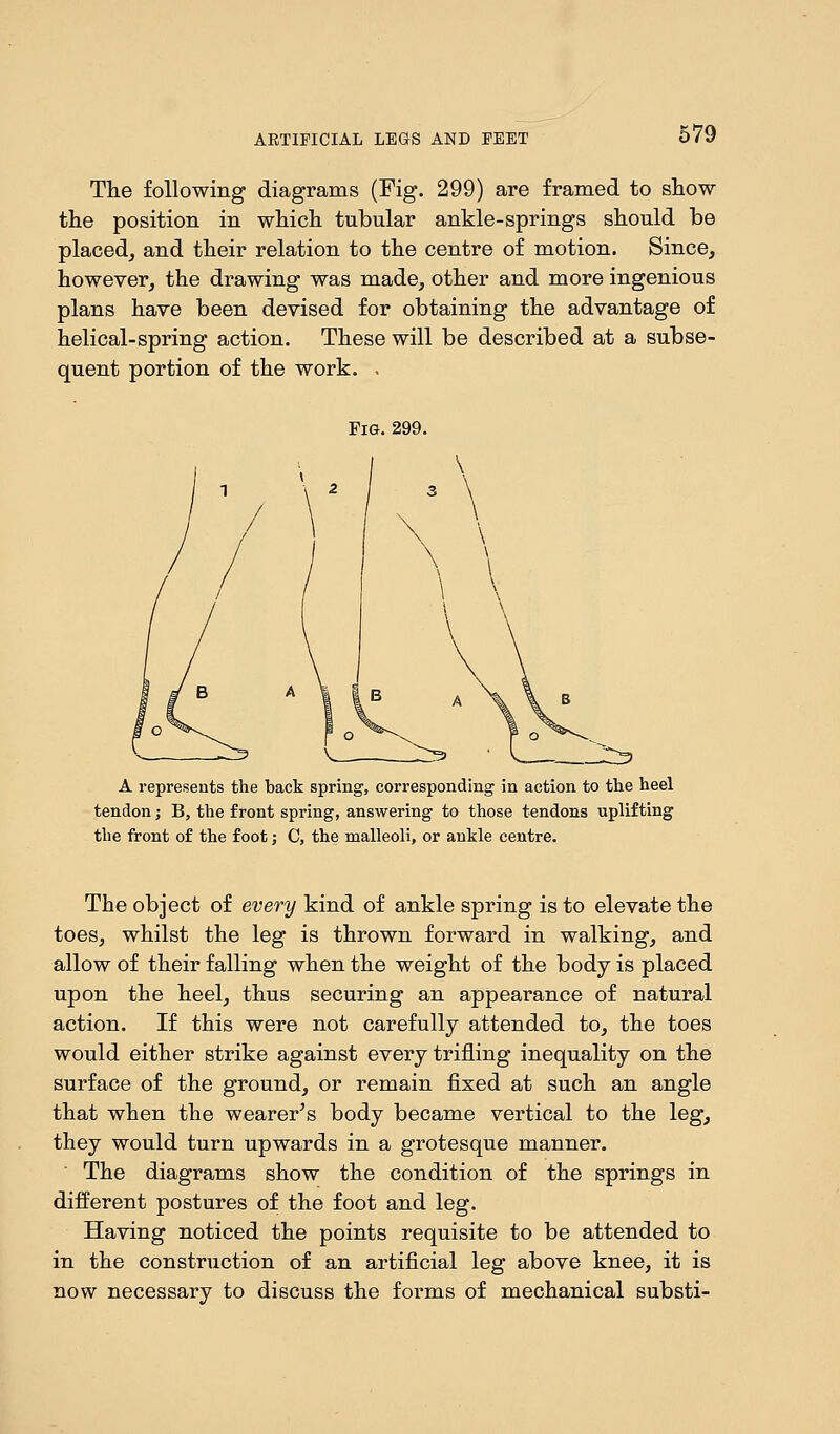The following diagrams (Fig. 299) are framed to show the position in which tubular ankle-springs should be placed, and their relation to the centre of motion. Since, however, the drawing was made, other and more ingenious plans have been devised for obtaining the advantage of helical-spring action. These will be described at a subse- quent portion of the work. . Fig. 299. A represents the back spring, corresponding in action to the heel tendon; B, the front spring, answering to those tendons uplifting the front of the foot; C, the malleoli, or ankle centre. The object of every kind of ankle spring is to elevate the toes, whilst the leg is thrown forward in walking, and allow of their falling when the weight of the body is placed upon the heel, thus securing an appearance of natural action. If this were not carefully attended to, the toes would either strike against every trifling inequality on the surface of the ground, or remain fixed at such an angle that when the wearer's body became vertical to the leg, they would turn upwards in a grotesque manner. The diagrams show the condition of the springs in different postures of the foot and leg. Having noticed the points requisite to be attended to in the construction of an artificial leg above knee, it is now necessary to discuss the forms of mechanical substi-