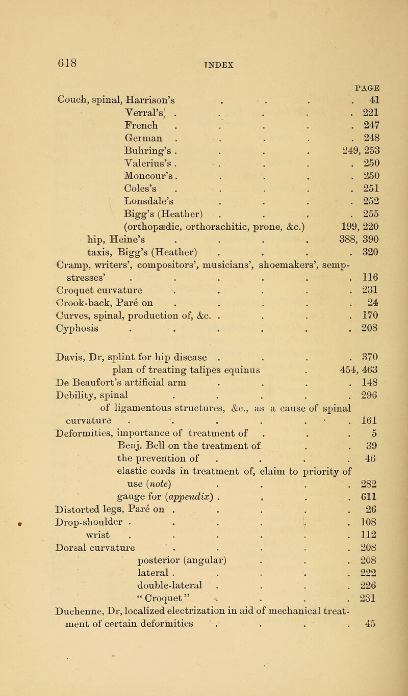 PAGE Couch, spinal, Harrison's . . . .41 Verral's] . . . . .221 French . . . . .247 German . ■ . . . . 248 Bullring's .... 249, 253 Valerius's. - . . . . 250 Moncour's..... 250 Coles's . . . . .251 Lonsdale's . . . .252 Bigg's (Heather) .... 255 (orthopaedic, orthorachitic, prone, &c.) 199, 220 hip, Heine's .... 388, 390 taxis, Bigg's (Heather) .... 320 Cramp, writers', compositors', musicians', shoemakers', semp- stresses' ...... 116 Croquet curvature . 231 Crook-back, Pare on . . . .24 Curves, spinal, production of, &c. . . . .170 Cyphosis . . . . . .208 Davis, Dr, splint for hip disease .... 370 plan of treating talipes equinus . 454, 463 Be Beaufort's artificial arm .... 148 Debility, spinal . . . . .296 of ligamentous structures, &c, as a cause of spinal curvature . -. . . . 161 Deformities, importance of treatment of . .5 Berjj. Bell on the treatment of . .39 the prevention of . . .46 elastic cords in treatment of, claim to priority of use (note) . . . .282 gauge for (appendix) .... 611 Distorted legs, Pare on . . . . .26 Drop-shoulder ...... 108 wrist . . . . . .112 Dorsal curvature . . . . . 208 posterior (angular) . . . 208 lateral . . . . .222 double-lateral . . . . 226 Croquet .... 231 Duchenne, Dr, localized electrization in aid of mechanical treat- ment of certain deformities . . . .45