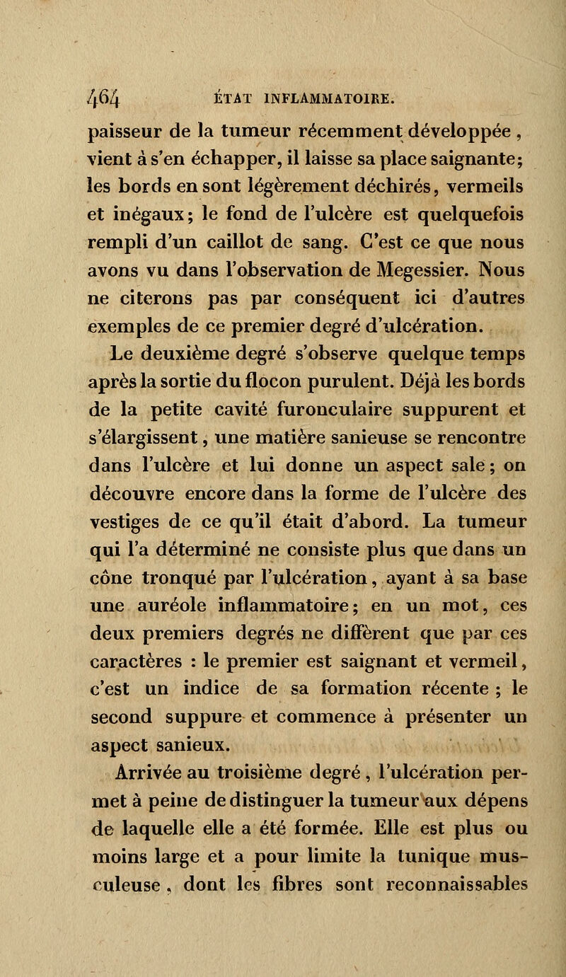 paisseur de la tumeur récemment développée , vient à s'en échapper, il laisse sa place saignante; les bords en sont légèrement déchirés, vermeils et inégaux ; le fond de l'ulcère est quelquefois rempli d'un caillot de sang. C'est ce que nous avons vu dans l'observation de Megessier. Nous ne citerons pas par conséquent ici d'autres exemples de ce premier degré d'ulcération. Le deuxième degré s'observe quelque temps après la sortie du flocon purulent. Déjà les bords de la petite cavité furonculaire suppurent et s'élargissent, une matière sanieuse se rencontre dans l'ulcère et lui donne un aspect sale ; on découvre encore dans la forme de l'ulcère des vestiges de ce qu'il était d'abord. La tumeur qui l'a déterminé ne consiste plus que dans un cône tronqué par l'ulcération, ayant à sa base une auréole inflammatoire; en un mot, ces deux premiers degrés ne diffèrent que par ces caractères : le premier est saignant et vermeil, c'est un indice de sa formation récente ; le second suppure et commence à présenter un aspect sanieux. Arrivée au troisième degré , l'ulcération per- met à peine de distinguer la tumeur aux dépens de laquelle elle a été formée. Elle est plus ou moins large et a pour limite la tunique mus- culeuse , dont les fibres sont reconnaissables