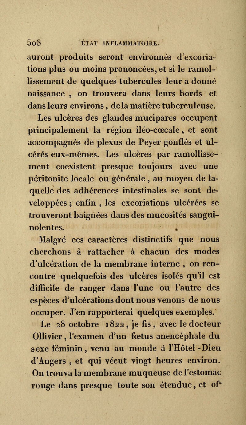 auront produils seront environnés d'excoria- tions plus ou moins prononcées, et si le ramol- lissement de quelques tubercules leur a donné naissance , on trouvera dans leurs bords et dans leurs environs, de la matière tuberculeuse. Les ulcères des glandes mucipares occupent principalement la région iléo-cœcale, et sont accompagnés de plexus de Peyer gonflés et ul- cérés eux-mêmes. Les ulcères par ramollisse- ment coexistent presque toujours avec une péritonite locale ou générale , au moyen de la- quelle des adhérences intestinales se sont dé- veloppées ; enfin , les excoriations ulcérées se trouveront baignées dans des mucosités sangui- nolentes. , Malgré ces caractères distinctifs que nous cherchons à rattacher à chacun des modes d'ulcération de la membrane interne , on ren- contre quelquefois des ulcères isolés qu'il est difficile de ranger dans l'une ou l'autre des espèces d'ulcérations dont nous venons de nous occuper. J'en rapporterai quelques exemples.' Le 28 octobre 1822 , je fis , avec le docteur OUivier, l'examen d'un fœtus anencéphale du sexe féminin, venu au monde à l'Hôtel-Dieu d'Angers , et qui vécut vingt heures environ. On trouva la membrane muqueuse de l'estomac rouge dans presque toute son étendue, et of-