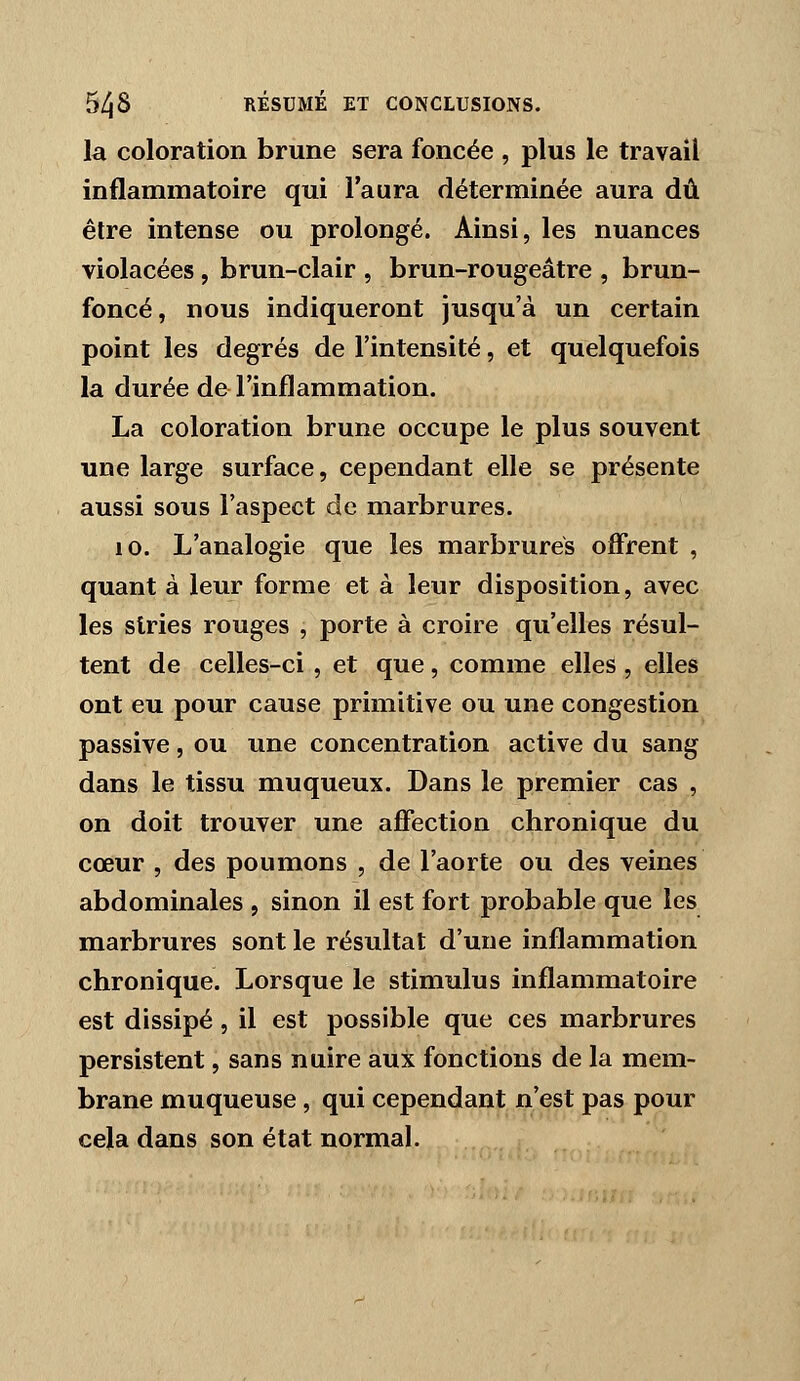 la coloration brune sera foncée , plus le travail inflammatoire qui l'aura déterminée aura dû être intense ou prolongé. Ainsi, les nuances violacées, brun-clair , brun-rougeâtre , brun- foncé, nous indiqueront Jusqu'à un certain point les degrés de l'intensité, et quelquefois la durée de l'inflammation. La coloration brune occupe le plus souvent une large surface, cependant elle se présente aussi sous l'aspect de marbrures. 10. L'analogie que les marbrures offrent , quant à leur forme et à leur disposition, avec les stries rouges , porte à croire qu'elles résul- tent de celles-ci , et que, comme elles , elles ont eu pour cause primitive ou une congestion passive, ou une concentration active du sang dans le tissu muqueux. Dans le premier cas , on doit trouver une afîection chronique du cœur , des poumons , de l'aorte ou des veines abdominales , sinon il est fort probable que les marbrures sont le résultat d'une inflammation chronique. Lorsque le stimulus inflammatoire est dissipé, il est possible que ces marbrures persistent, sans nuire aux fonctions de la mem- brane muqueuse, qui cependant n'est pas pour cela dans son état normal.