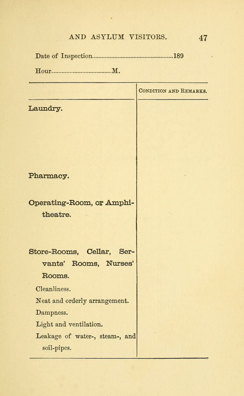 Date of Inspection 189 Hour. M. Condition and Remakks. Laundry. Pharmacy. Operating-Room, or Amphi- theatre. Store-Rooms, Cellar, Ser- vants' Rooms, Nurses' Rooms. Cleanliness. Neat and orderly arrangement. Dampness. Light and ventilation. Leakage of water-, steam-, and soil-pipes.