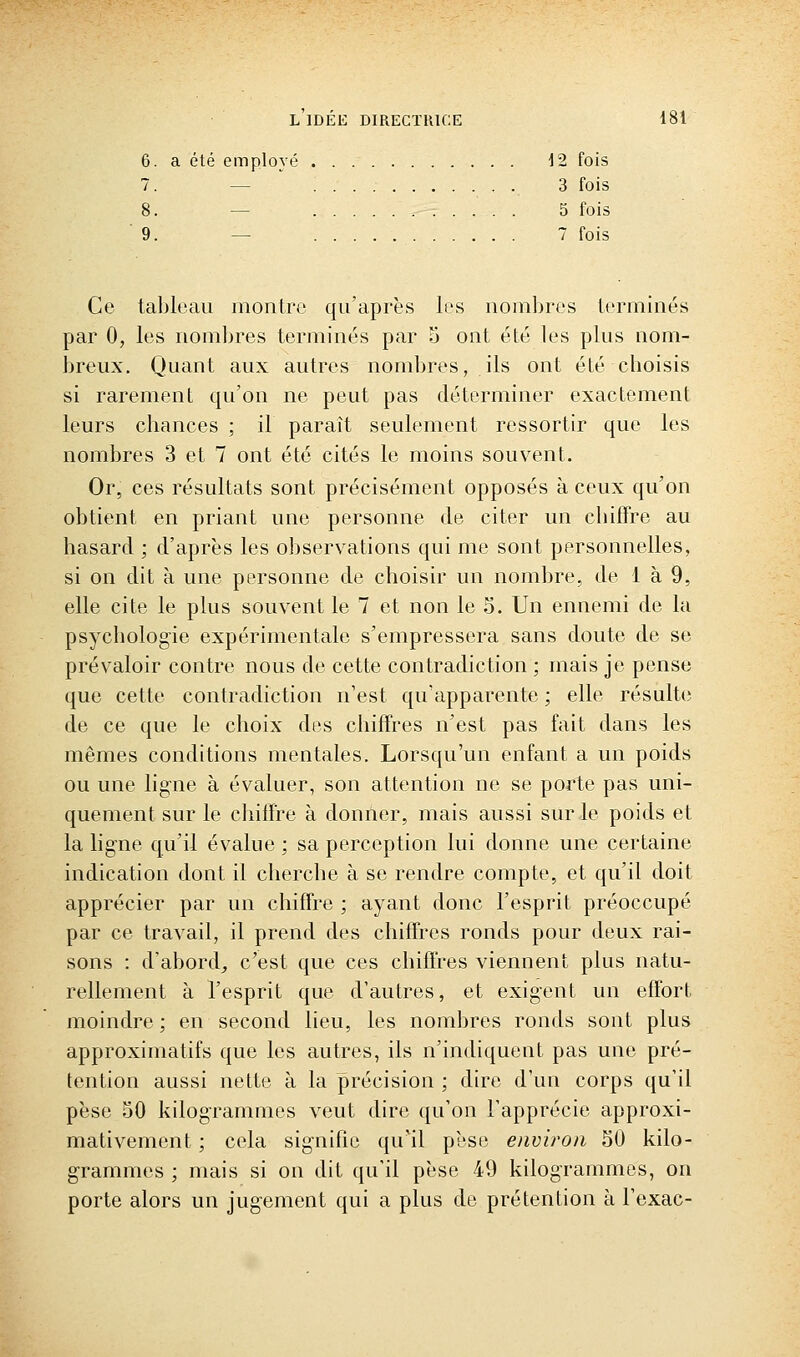 6. a été employé 12 fois 7. — ' 3 fois 8. — 5 fois 9. — 7 fois Ce tableau montre qu'après les nombres terminés par 0, les nombres terminés par 5 ont été les plus nom- breux. Quant aux autres nombres, ils ont été cboisis si rarement qu'on ne peut pas déterminer exactement leurs chances ; il paraît seulement ressortir que les nombres 3 et 7 ont été cités le moins souvent. Or, ces résultats sont précisément opposés à ceux qu'on obtient en priant une personne de citer un chiffre au hasard ; d'après les observations qui me sont personnelles, si on dit à une personne de choisir un nombre, de 1 à 9, elle cite le plus souvent le 7 et non le 5. Un ennemi de la psychologie expérimentale s'empressera sans doute de se prévaloir contre nous de cette contradiction ; mais je pense que cette contradiction n'est qu'apparente ; elle résulte de ce que le choix des chiffres n'est pas fait dans les mêmes conditions mentales. Lorsqu'un enfant a un poids ou une ligne à évaluer, son attention ne se porte pas uni- quement sur le chiffre à donner, mais aussi sur le poids et la ligne qu'il évalue ; sa perception lui donne une certaine indication dont il cherche à se rendre compte, et qu'il doit apprécier par un chiffre ; ayant donc l'esprit préoccupé par ce travail, il prend des chiffres ronds pour deux rai- sons : d'abord, c'est que ces chiffres viennent plus natu- rellement à l'esprit que d'autres, et exigent un effort moindre; en second lieu, les nombres ronds sont plus approximatifs que les autres, ils n'indiquent pas une pré- tention aussi nette à la précision ; dire d'un corps qu'il pèse 50 kilogrammes veut dire qu'on l'apprécie approxi- mativement ; cela signifie qu'il pèse environ 50 kilo- grammes ; mais si on dit qu'il pèse 49 kilogrammes, on porte alors un jugement qui a plus de prétention à l'exac-