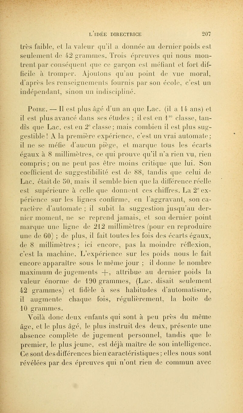 très faible, et la valeur qu'il a donnée au dernier poids est seulement de 42 grammes. Trois épreuves qui nous mon- trent par conséquent que ce garçon est méfiant et fort dif- ficile à tromper. Ajoutons qu'au point de vue moral, d'après les renseignements fournis par son école, c'est un indépendant, sinon un indiscipliné. Poire. — Il est plus âgé d'un an que Lac. (il a 14 ans) et il est plus avancé dans ses études ; il est en V^ classe, tan- dis que Lac. est en 2^ classe; mais combien il est plus sug- g-estible ! A la première expérience, c'est un vrai automate; il ne se méfie d'aucun piège, et marque tous les écarts égaux à 8 millimètres, ce qui prouve qu'il n'a rien vu, rien compris; on ne peut pas être moins critique que lui. Son coefficient de suggestibilité est de 88, tandis que celui de Lac. était de SO, mais il semble bien que la différence réelle est supérieure à celle que donnent ces chiffres. La 2 ex- périence sur les lignes confirme, en l'aggravant, son ca- ractère d'automate ; il subit la suggestion jusqu'au der- nier moment, ne se reprend jamais, et son dernier point marque une ligne de 212 millimètres (pour en reproduire une de 60) ; de plus, il fait toutes les fois des écarts ég^aux, de 8 millimètres; ici encore, pas la moindre réflexion, c'est la machine. L'expérience sur les poids nous le fait encore apparaître sous le même jour ; il donne le nombre maximum de jugements -|-, attribue au dernier poids la valeur énorme de 190 grammes, (Lac. disait seulement 42 grammes) et fidèle à ses habitudes d'automatisme, il augmente chaque fois, régulièrement, la boîte de 10 grammes. Voilà donc deux enfants qui sont à peu près du même âge, et le plus âgé, le plus instruit des deux, présente une absence complète de jugement personnel, tandis que le premier, le plus jeune, est déjà maître de son intelligence. Ce sont des différences bien caractéristiques ; elles nous sont révélées par des épreuves qui n'ont rien de commun avec