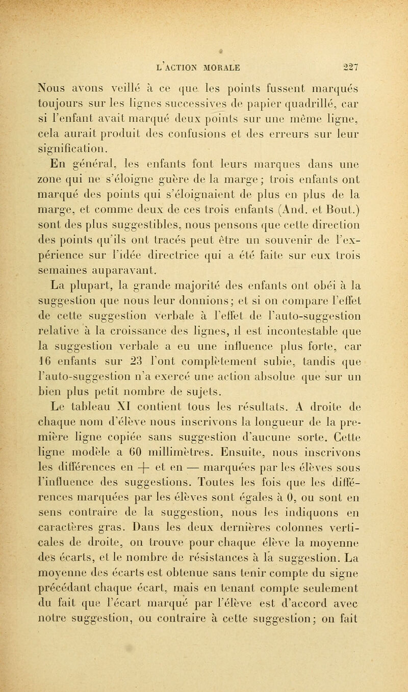 Nous avons veillé à ce que les points fussent marqués toujours sur les lignes successives de papier quadrillé, car si l'enfant avait marqué deux points sur une même ligne, cela aurait produit des confusions et des erreurs sur leur signification. En g'énéral, les enfants font leurs marques dans une zone qui ne s'éloig'ne g-uëre de la marge ; trois enfants ont marqué des points qui s'éloignaient de plus en plus de la marge, et comme deux de ces trois enfants (And. et Bout.) sont des plus suggestibles, nous pensons que cette direction des points qu'ils ont tracés peut être un souvenir de l'ex- périence sur l'idée directrice qui a été faite sur eux trois semaines auparavant. La plupart, la grande majorité des enfants ont obéi à la suggestion que nous leur donnions; et si on compare Feffet de cette suggestion verbale à refîet de l'auto-sug'g'estion relative à la croissance des lig'nes, il est incontestable que la suggestion verbale a eu une influence plus forte, car 16 enfants sur 23 Tont complètement subie, tandis que l'auto-sug'gestion n'a exercé une action absolue que sur un bien plus petit nombre de sujets. Le tableau XI contient tous les résultats. A droite de chaque nom d'élève nous inscrivons la long'ueur de la pre- mière ligne copiée sans sug'gestion d'aucune sorte. Cette ligne modèle a 60 millimètres. Ensuite, nous inscrivons les différences en -j- et en — marquées par les élèves sous l'influence des suggestions. Toutes les fois que les diffé- rences marquées par les élèves sont égales à 0, ou sont en sens contraire de la suggestion, nous les indiquons en caractères gras. Dans les deux dernières colonnes verti- cales de droite, on trouve pour chaque élève la moyenne des écarts, et le nombre do résistances à la suggestion. La moyenne des écarts est obtenue sans tenir compte du signe précédant chaque écart, mais en tenant compte seulement du fait que l'écart marqué par l'élève est d'accord avec notre suggestion, ou contraire à cette suggestion; on fait