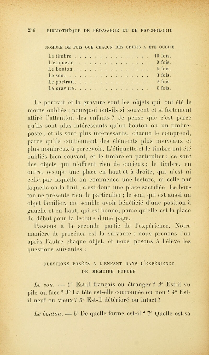 NOMBRE DE FOIS QUE CHACUN DES OBJETS A ÉTÉ OUBLIÉ Le timbre 10 fois. L'étiquette 9 fois. Le bouton 4 fois. Le sou 3 fois. - Le portrait 2 fois. La gravure 0 fois. Le portrait et la gravure sont les objets qui ont été le moins oubliés : pourquoi ont-ils si souvent et si fortement attiré l'attention des enfants ? Je pense que c'est parce qu'ils sont plus intéressants qu'un bouton ou un timbre- poste ; et ils sont plus intéressants, chacun le comprend, parce qu'ils contiennent des éléments plus nouveaux et plus nombreux à percevoir. L'étiquette et le timbre ont été oubliés bien souvent, et le timbre en particulier ; ce sont des objets qui n'offrent rien de curieux; le timbre, en outre, occupe une place en haut et à droite, qui n'est ni celle par laquelle on commence une lecture, ni celle par laquelle on la finit ; c'est donc une place sacrifiée. Le bou- ton ne présente rien de particulier; le sou, qui est aussi un objet familier, me semble avoir bénéficié d'une position à gauche et en haut, qui est bonne, parce qu'elle est la place de début pour la lecture d'une page. Passons à la seconde partie de l'expérience. Notre manière de procéder est la suivante : nous prenons l'un après l'autre chaque objet, et nous posons à l'élève les questions suivantes : QUESTIONS POSÉES A l'eNFANT DANS l'eXPÉRIENCE DE MÉMOIRE FORCÉE Le sou. — \° Est-il français ou étrang-er? 2° Est-il vu pile ou face ? 3° La tête est-elle couronnée ou non ? 4° Est- il neuf ou vieux? 5° Est-il détérioré ou intact?