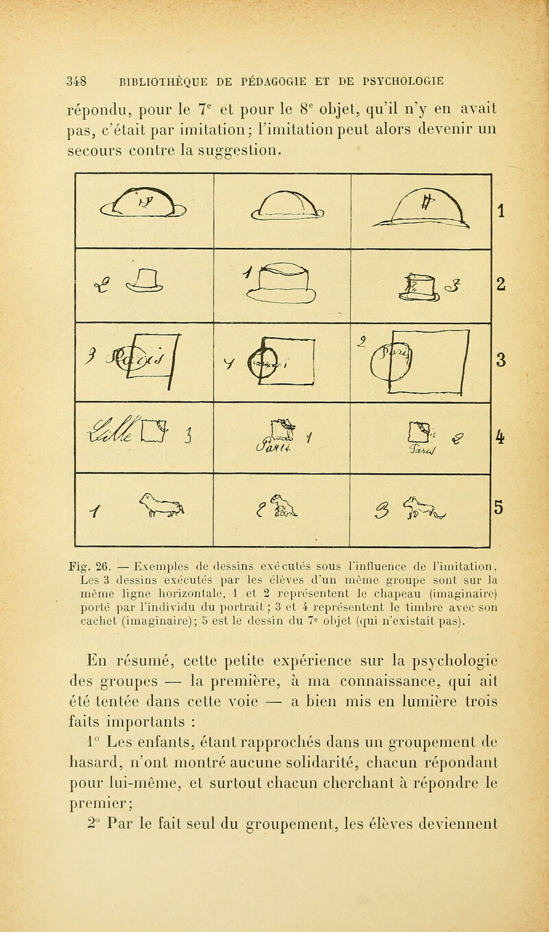 répondu, pour le T et pour le 8^ objet, qu'il n'y en avait pas, c'était par imitation; l'imitation peut alors devenir un secours contre la suggestion. cT^ ^ ^ ^ ' i UiUfd -/ fît—^ e 5 ■f^ Fig. 26. — Exemples de dessins exécutés sous rinfluence de rimitation, Les 3 dessins exécutés par les élèves d'un même groupe sont sur la même ligne horizontale, 1 et 2 représentent le chapeau (imaginaire) porté par l'individu du portrait ; 3 et 4 représentent le timbre avec son cacliet (imaginaire); 5 est le dessin du 7 objet (qui n'existait pas). En résumé, cette petite expérience sur la psychologie des groupes — la première, à ma connaissance, qui ait été tentée dans cette voie — a bien mis en lumière trois faits importants : 1 Les enfants, étant rapprochés dans un groupement de hasard, n'ont montré aucune solidarité, chacun répondant pour lui-même, et surtout chacun cherchant à répondre le premier; 2 Par le fait seul du groupement, les élèves deviennent