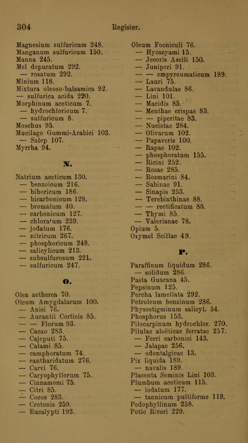 Magnesium sulfuricum 248. Manganum sulfuricum 150. Manna 245. Mel depuratum 292. — rosatum 292. Minium 118. Mixtura oleoso-balsamica 92. — sulfurica acida 220. Morphinum aceticum 7. — hydrochloricum 7. — sulfuricum 8. Moschus 95. Mucilago Gummi-Arabici 103. — Salep 107. Myrrha 94. KT. Natrium aceticum 130. — benzöicum 216. — biboricum 186. — bicarbonicum 128. — bromatum 40. — carbonicum 127. — chloratum 239. — jodatum 176. — nitricum 267. — phosphoricum 248. — salicylicum 213. — subsulfurosum 221. — sulfuricum 247. O. Olea aetherea 70. Oleum Amygdalarum 100. — Anisi 76. — Aurantii Corticis 85. Florum 93. — Cacao 283. — Cajeputi 75. — Calami 85. — camphoratum 74. — cantharidatum 276. — Carvi 76. — Caryophyllorum 75. — Cinnamomi 75. — Citri 85. — Cocos 283. — Crotonis 259. — Eucalypti 193. Oleum Foeniculi 76. — Hyoscyami 15. — Jecoris Aselli 150. — Juniperi 91. empyreuinaticum 189. —• Lauri 75. — Lavandulae 86. — Lini 101. — Macidis 85. — Menthae crispae 83. — — piperitae 83. — Nucistae 284. — Olivarum 102. — Papaveris 100. — Rapae 102. — phosphoratum 155. — Ricini 252. — Rosae 285. — Rosmarini 84. — Sabinae 91. — Sinapis 253. — Terebinthinae 88. — — rectificatum 88. — Thymi 85. — Valerianae 78. Opium 5. Oxymel Scillae 49. P. Paraffinum liquidum 286. — solidum 286. Pasta Guarana 45. Pepsinum 125. Percha lamellata 292. Petroleum benzinum 286. Physostigminum salicyl. 54. Phosphorus 153. Pilocarpinum hydrochlor. 270. Pilulae aloeticae ferratae 257. — Ferri carbonici 143. — Jalapae 256. — odontalgicae 13. Pix liquida 189. — navalis 189. Placenta Seminis Lini 103. Plumbum aceticum 115. — iodatum 177. — tannicum pultiforme 119. Podophyllinum 258. Potio Riveri 229.