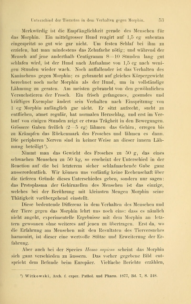 Merkwürdig- ist die Empfänglichkeit gerade des Menschen für das Morphin. Ein mittelgrosser Hund reagirt auf 1,5 cg suhcutan eingespritzt so gut wie gar nicht. Um festen Schlaf bei ihm zu erzielen, hat man mindestens das Zehnfache nötig; und während der Mensch auf jene anderthalb Centigramm 8—10 Stunden lang gut schlafen wird, ist der Hund nach Aufnahme von 1,5 cg nach weni- gen Stunden wieder Avach. Noch auffallender ist das Verhalten des Kaninchens gegen Morphin; es gebraucht auf gleiches Körpergewicht berechnet noch mehr Morphin als der Hund, um in vollständige Lähmung zu geraten. Am meisten gebraucht von den gewöhnlichen Versuchstieren der Frosch. Ein frisch gefangenes, gesundes und kräftiges Exemplar ändert sein Verhalten nach Einspritzung von 1 cg Morphin anfänglich gar nicht. Er sitzt aufrecht, sucht zu entfliehen, atmet regulär, hat normalen Herzschlag, und erst im Ver- lauf von einigen Stunden zeigt er etwas Trägheit in den Bewegungen. Grössere Gaben freilich (2—5 cg) lähmen das Gehirn, erregen bis zu Krämpfen das Rückenmark des Frosches und lähmen es dann. Die peripheren Nerven sind in keiner AVeise an dieser Innern Läh- mung beteiligt'). Nimmt man das Gewicht des Frosches zu 50 g, das eines schwachen Menschen zu 50 kg, so erscheint der Unterschied in der Reaction auf die bei letzterem sicher schlafmachende Gabe ganz ausserordentlich. Wir können uns vorläufig keine Rechenschaft über die tieferen Gründe dieses Unterschiedes geben, sondern nur sagen: das Protoplasma der Gehirnzellen des Menschen ist das einzige, welches bei der Berührung mit kleinsten Mengen Morphin seine Thätigkeit vorübergehend einstellt. Diese bedeutende Differenz in dem Verhalten des Menschen und der Tiere gegen das Morphin lehrt uns noch eins: dass es nämlich nicht angeht, experimentelle Ergebnisse mit dem Morphin an letz- tern gewonnen ohne weiteres auf jenen zu übertragen. Erst da, wo die Erfahrung am Menschen mit den Resultaten des Tierversuches harmonirt, ist dieser eine wertvolle Stütze und Erweiterung der Er- fahrung. Aber auch bei der Species Homo sapiens scheint das Morphin sich ganz verschieden zu äussern. Das vorher gegebene Bild ent- spricht dem Befunde beim Europäer. Vielfache Berichte erzählen. 0 Witkowski, Arch. f. expev. Pathol. und Pharm. 1877, Bd. 7, S. 248.