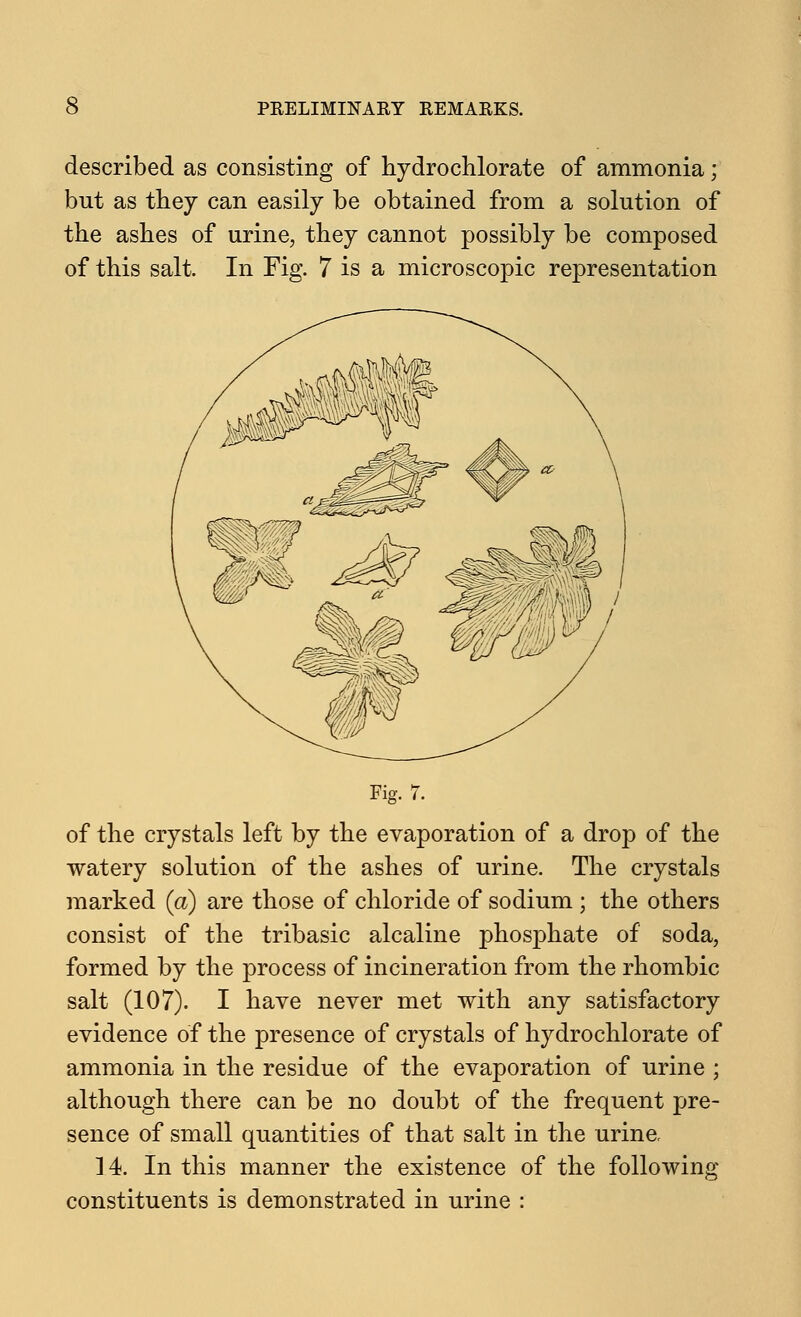 described as consisting of hydro chlorate of ammonia; but as they can easily be obtained from a solution of the ashes of urine, they cannot possibly be composed of this salt. In Fig. 7 is a microscopic representation Fig. 7. of the crystals left by the evaporation of a drop of the watery solution of the ashes of urine. The crystals marked (a) are those of chloride of sodium ; the others consist of the tribasic alcaline phosphate of soda, formed by the process of incineration from the rhombic salt (107). I have never met with any satisfactory evidence of the presence of crystals of hydrochlorate of ammonia in the residue of the evaporation of urine ; although there can be no doubt of the frequent pre- sence of small quantities of that salt in the urine, 14. In this manner the existence of the following constituents is demonstrated in urine :