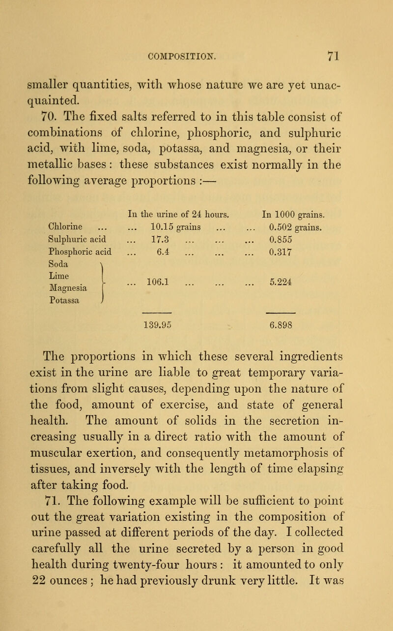 smaller quantities, with whose nature we are yet unac- quainted. 70. The fixed salts referred to in this table consist of combinations of chlorine, phosphoric, and sulphuric acid, with lime, soda, pOtassa, and magnesia, or their metallic bases : these substances exist normally in the following average proportions :— In the urine of 24 hours. In 1000 grains. Chlorine 10.15 grains 0.502 grains. Sulphuric acid ... 17.3 ... 0.855 Phosphoric acid 6.4 ... 0.317 Soda \ Lime ... 106.1 5.224 Magnesia [ Potassa J 139.95 6.898 The proportions in which these several ingredients exist in the urine are liable to great temporary varia- tions from slight causes, depending upon the nature of the food, amount of exercise, and state of general health. The amount of solids in the secretion in- creasing usually in a direct ratio with the amount of muscular exertion, and consequently metamorphosis of tissues, and inversely with the length of time elapsing after taking food. 71. The following example will be sufficient to point out the great variation existing in the composition of urine passed at different periods of the day. I collected carefully all the urine secreted by a person in good health during twenty-four hours : it amounted to only 22 ounces ; he had previously drunk very little. It was