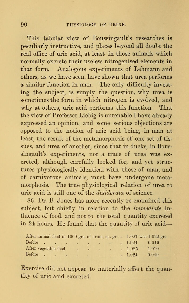 This tabular view of Boussingault's researches is peculiarly instructive, and places beyond all doubt the real office of uric acid, at least in those animals which normally excrete their useless nitrogenised elements in that form. Analogous experiments of Lehmann and others, as we have seen, have shown that urea performs a similar function in man. The only difficulty invest- ing the subject, is simply the question, why urea is sometimes the form in which nitrogen is evolved, and why at others, uric acid performs this function. That the view of Professor Liebig is untenable I have already expressed an opinion, and some serious objections are opposed to the notion of uric acid being, in man at least, the result of the metamorphosis of one set of tis- sues, and urea of another, since that in ducks, in Bous- singault's experiments, not a trace of urea was ex- creted, although carefully looked for, and yet struc- tures physiologically identical with those of man, and of carnivorous animals, must have undergone meta- morphosis. The true physiological relation of urea to uric acid is still one of the desiderata of science. 86. Dr. B. Jones has more recently re-examined this subject, but chiefly in relation to the immediate in- fluence of food, and not to the total quantity excreted in 24 hours. He found that the quantity of uric acid— After animal food in 1000 grs. of urine, sp. gr. . 1.027 was 1.022 grs. Before 1.924 0.049 After vegetable food 1.025 1.010 Before . . 1.024 0.049 Exercise did not appear to materially affect the quan- tity of uric acid excreted.