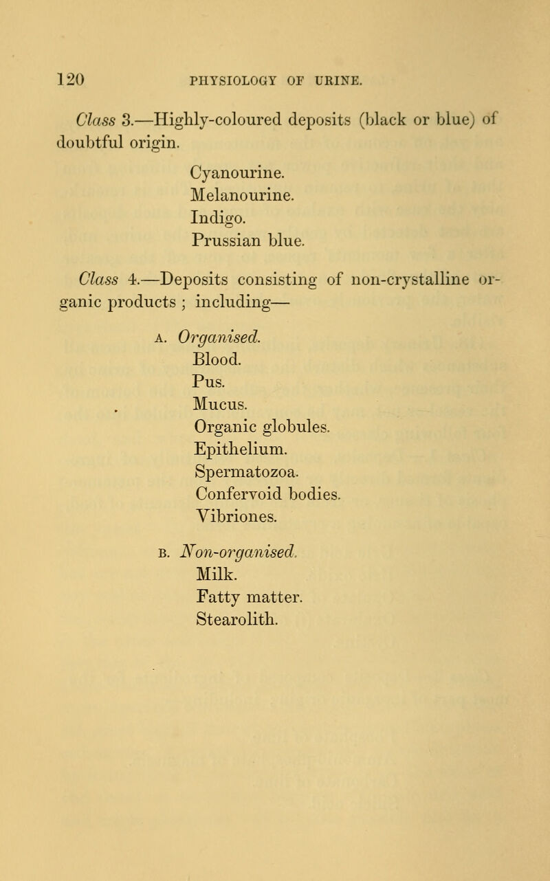 Class 3.—Highly-coloured deposits (black or blue) of doubtful origin. Cyanourine. Melanourine. Indigo. Prussian blue. Class 4.—Deposits consisting of non-crystalline or- ganic products ; including— a. Organised. Blood. Pus. Mucus. Organic globules. Epithelium. Spermatozoa. Confervoid bodies. Vibriones. b. Non-organised, Milk. Fatty matter. Stearolith.