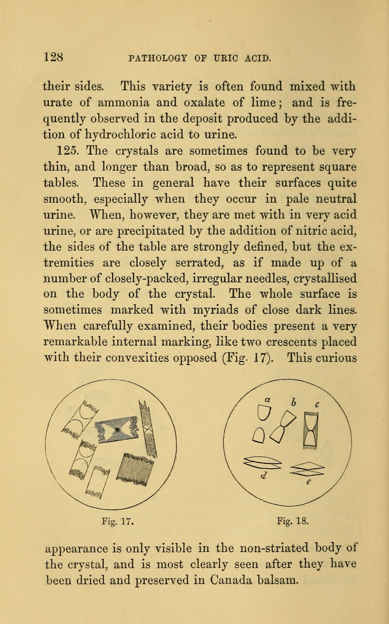 their sides. This variety is often found mixed with urate of ammonia and oxalate of lime; and is fre- quently observed in the deposit produced by the addi- tion of hydrochloric acid to urine. 125. The crystals are sometimes found to be very thin, and longer than broad, so as to represent square tables. These in general have their surfaces quite smooth, especially when they occur in pale neutral urine. When, however, they are met with in very acid urine, or are precipitated by the addition of nitric acid, the sides of the table are strongly denned, but the ex- tremities are closely serrated, as if made up of a number of closely-packed, irregular needles, crystallised on the body of the crystal. The whole surface is sometimes marked with myriads of close dark lines. When carefully examined, their bodies present a very remarkable internal marking, like two crescents placed with their convexities opposed (Fig. 17). This curious Fig. 17. Fig. 18. appearance is only visible in the non-striated body of the crystal, and is most clearly seen after they have been dried and preserved in Canada balsam.