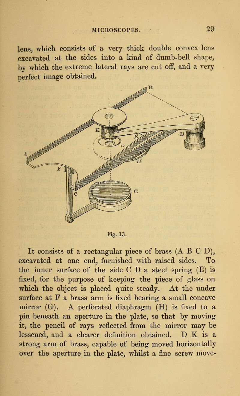 lens, which consists of a very thick double convex lens excavated at the sides into a kind of dumb-bell shape, by which the extreme lateral rays are cut off, and a very perfect image obtained. Fig. 13. It consists of a rectangular piece of brass (A B C D), excavated at one end, furnished with raised sides. To the inner surface of the side C D a steel spring (E) is fixed, for the purpose of keeping the piece of glass on which the object is placed quite steady. At the under surface at F a brass arm is fixed bearing a small concave mirror (Gr). A perforated diaphragm (H) is fixed to a pin beneath an aperture in the plate, so that by moving it, the pencil of rays reflected from the mirror may be lessened, and a clearer definition obtained. D K is a strong arm of brass, capable of being moved horizontally over the aperture in the plate, whilst a fine screw move-