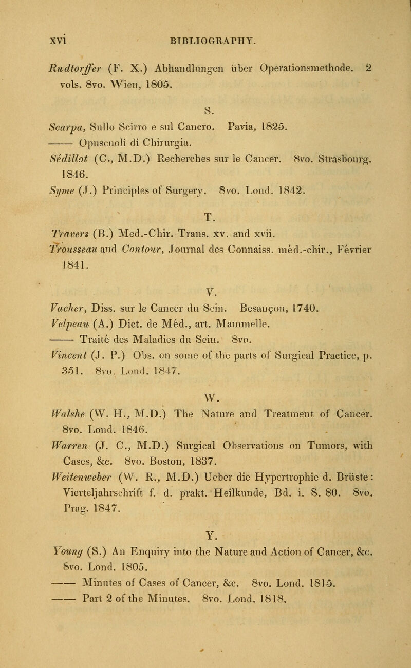 Rudtorffer (F. X.) Abhandlungen iiber Operationsmethode. 2 vols. 8vo. Wien, 1805. S. Scarpa, Sullo Scirro e sul Cancro. Pavia, 1825. Opuscuoli di Chirurgia. Sedlllot (C, M.D.) Recherches sur le Cancer. 8vo. Strasbourg-. 1846. Syme(J.) Principles of Surgery. 8vo. Lond. 1842. T. Travers (B.) Med.-Chir. Trans, xv. and xvii. Trousseau and Contour, Journal cles Connaiss. med.-chir., Fevrier 1841. V. Vacher, Diss, sur le Cancer du Sein. Besancon, 1740. Velpeau (A.) Diet, de Med., art. Mammelle. Traite des Maladies du Sein. 8vo. Vincent (J. P.) Obs. on some of tbe parts of Surgical Practice, p. 351. 8vo. Lond. 1847. W. Walshe (W. H., M.D.) The Nature and Treatment of Cancer. 8vo. Lond. 1846. Warren (J. C, M.D.) Surgical Observations on Tumors, with Cases, &c. 8vo. Boston, 1837. Weitenweber (W. R., M.D.) Ueber die Hypertrophie d. Briiste: Vierteljahrschrift f. d. prakt. Heilkunde, Bd. i. S. 80. 8vo. Prag. 1847. Y. Young (S.) An Enquiry into the Nature and Action of Cancer, &c. Svo. Lond. 1805. Minutes of Cases of Cancer, &c. 8vo. Lond. 1815. Part 2 of the Minutes. Svo. Lond. 1818.