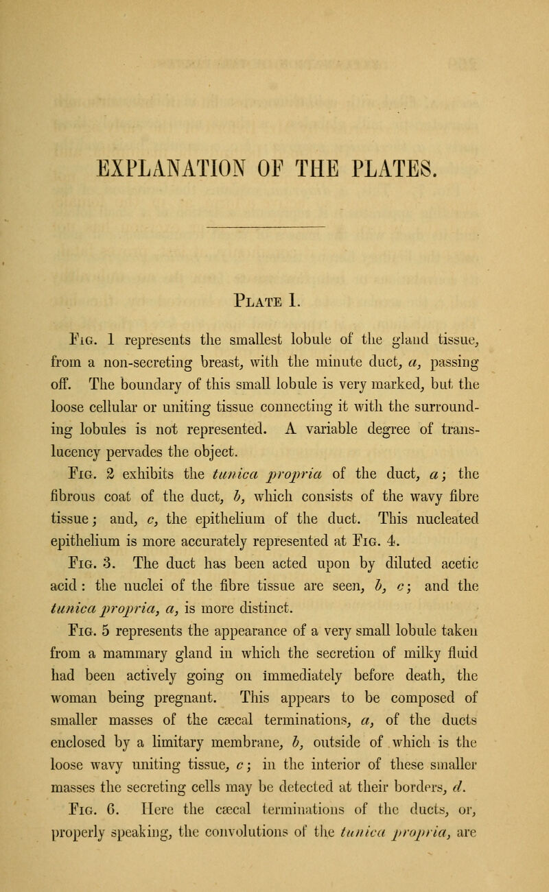 EXPLANATION OF THE PLATES, Plate I. FiG. 1 represents the smallest lobule of the gland tissue, from a non-secreting breast, with the minute duct, a, passing- off. The boundary of this small lobule is very marked, but the loose cellular or uniting tissue connecting it with the surround- ing lobules is not represented. A variable degree of trans- lucency pervades the object. Fig. 2 exhibits the tunica propria of the duct, a; the fibrous coat of the duct, b, which consists of the wavy fibre tissue; and, c, the epithelium of the duct. This nucleated epithelium is more accurately represented at Pig. 4. Fig. 3. The duct has been acted upon by diluted acetic acid : the nuclei of the fibre tissue are seen, b, cj and the tunica propria, a, is more distinct. Fig. 5 represents the appearance of a very small lobule taken from a mammary gland in which the secretion of milky fluid had been actively going on immediately before death, the woman being pregnant. This appears to be composed of smaller masses of the csecal terminations, a, of the ducts enclosed by a limitary membrane, b, outside of which is the loose wavy uniting tissue, c; in the interior of these smaller masses the secreting cells may be detected at their borders, d. Fig. 6. Here the csecal terminations of the ducts, or, properly speaking, the convolutions of the tunica propria, are