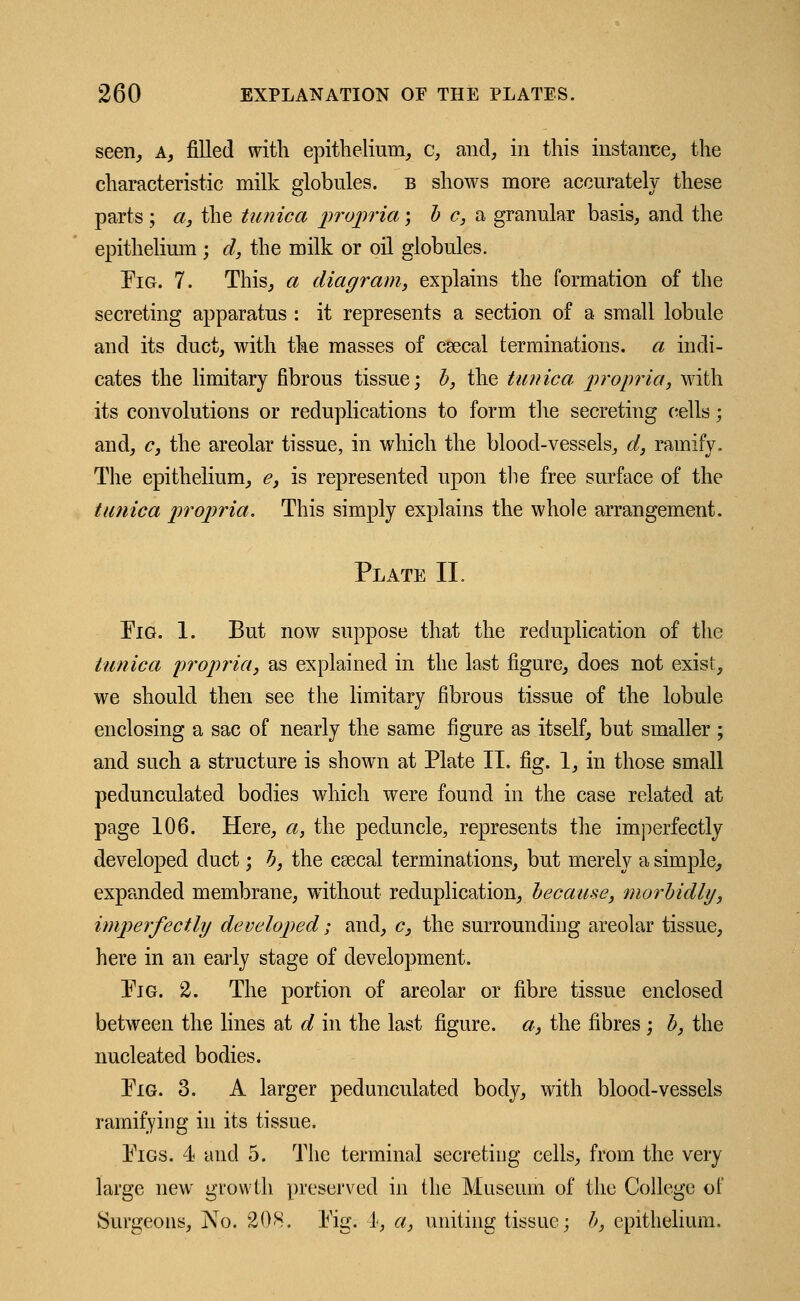 seen, a, filled with epithelium, c, and, in this instance, the characteristic milk globules, b shows more accurately these parts ; a, the tunica propria; b c, a granular basis, and the epithelium ; d, the milk or oil globules. Pig. 7. This, a diagram, explains the formation of the secreting apparatus : it represents a section of a small lobule and its duct, with the masses of csecal terminations, a indi- cates the limitary fibrous tissue; b, the tunica propria, with its convolutions or reduplications to form the secreting cells; and, c, the areolar tissue, in which the blood-vessels, d, ramify. The epithelium, e, is represented upon the free surface of the tunica propria. This simply explains the whole arrangement. Plate II. Pig. 1. But now suppose that the reduplication of the tunica propria, as explained in the last figure, does not exist, we should then see the limitary fibrous tissue of the lobule enclosing a sac of nearly the same figure as itself, but smaller ; and such a structure is shown at Plate II. fig. 1, in those small pedunculated bodies which were found in the case related at page 106. Here, a, the peduncle, represents the imperfectly developed duct; b, the c^ecal terminations, but merely a simple, expanded membrane, without reduplication, because, morbidly, imperfectly developed; and, c, the surrounding areolar tissue, here in an early stage of development. Pig. 2. The portion of areolar or fibre tissue enclosed between the lines at d in the last figure, a, the fibres ; b, the nucleated bodies. Pig. 3. A larger pedunculated body, with blood-vessels ramifying in its tissue. Pigs. 4 and 5. The terminal secreting cells, from the very large new growth preserved in the Museum of the College of Surgeons, I\To. 208. Pig. 1, a, uniting tissue; b, epithelium.