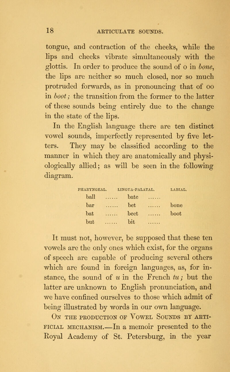 tongue, and contraction of the cheeks, while the lips and cheeks vibrate simultaneously with the glottis. In order to produce the sound of o in hone^ the lips are neither so much closed, nor so much protruded forwards, as in pronouncing that of oo in hoot; the transition from the former to the latter of these sounds being entirely due to the change in the state of the lips. In the English language there are ten distinct vowel sounds, imperfectly represented by five let- ters. They may be classified according to the manner in which they are anatomically and physi- ologically allied; as will be seen in the following diagram. PHAEYNGEAL. LINGUA-PALATAL. labia: ball ... bate bar bet bone bat beet boot but bit It must not, however, be supposed that these ten vowels are the only ones which exist, for the organs of speech are capable of producing several others which are found in foreign languages, as, for in- stance, the sound of u in the French tu; but the latter are unknown to English pronunciation, and we have confined ourselves to those which admit of being illustrated by words in our own language. On the production oe A^owel Sounds by arti- ficial MECHANISM.—In a memoir presented to the Royal Academy of St. Petersburg, in the year