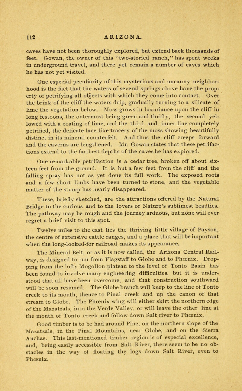 caves have not been thoroughly explored, but extend back thousands of feet. Gowan, the owner of this two-storied ranch, has spent weeks in underground travel, and there yet remain a number of caves which he has not yet visited. One especial peculiarity of this mysterious and uncanny neighbor- hood is the fact that the waters of several springs above have the prop- erty of petrifying all oljjects with which they come into contact. Over the brink of the cliff the waters drip, gradually turning to a silicate of lime the vegetation below. Moss grows in luxuriance upon the cliff in long festoons, the outermost being green and thrifty, the second yel- lowed with a coating of lime, and the third and inner line completely petrified, the delicate lace-like tracery of the moss showing beautifully distinct in its mineral counterfeit. And thus the cliff creeps forward and the caverns are lengthened. Mr. Gowan states that these petrifac- tions extend to the farthest depths of the caves he has explored. One remarkable petrifaction is a cedar tree, broken off about six- teen feet from the ground. It is but a few feet from the cliff and the falling spray has not as yet done its full work. The exposed roots and a few short limbs have been turned to stone, and the vegetable matter of the stump has nearly disappeared. These, briefly sketched, are the attractions offered by the Natural Bridge to the curious and to the lovers of Nature's sublimest beauties. The pathway may be rough and the journey arduous, but none will ever regret a brief visit to this spot. Twelve miles to the east lies the thriving little village of Payson, the centre of extensive cattle ranges, and a place that will be important when the long-looked-for railroad makes its appearance. The Mineral Belt, or as it is now called, the Arizona Central Rail- way, is designed to run from Flagstaff to Globe and to Phoenix. Drop- ping from the lofty Mogollon plateau to the level of Tonto Basin has been found to involve many engineering difl&culties, but it is under- stood that all have been overcome, and that construction southward will be soon resumed. The Globe branch will keep to the line of Tonto creek to its mouth, thence to Pinal creek and up the canon of that stream to Globe. The Phoenix wing will either skirt the northern edge of the Mazatzals, into the Verde Valley, or will leave the other line at the mouth of Tonto creek and follow down Salt river to Phoenix. Good timber is to be had around Pine, on the northern slope of the Mazatzals, in the Pinal Mountains, near Globe, and on the Sierra Anchas. This last-mentioned timber region is of especial excellence, and, being easily accessible from Salt River, there seem to be no ob- stacles in the way of floating the logs down Salt River, even to Phoenix.