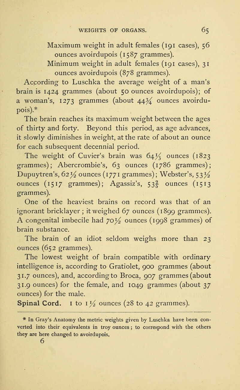 Maximum weight in adult females (191 cases), 56 ounces avoirdupois (1587 grammes). Minimum weight in adult females (191 cases), 31 ounces avoirdupois (878 grammes). According to Luschka the average weight of a man's brain is 1424 grammes (about 50 ounces avoirdupois); of a woman's, 1273 grammes (about 44^ ounces avoirdu- pois).* The brain reaches its maximum weight between the ages of thirty and forty. Beyond this period, as age advances, it slowly diminishes in weight, at the rate of about an ounce for each subsequent decennial period. The weight of Cuvier's brain was 64J/3 ounces (1823 grammes); Abercrombie's, 63 ounces (1786 grammes); Dupuytren's, 62^ ounces (1771 grammes); Webster's, 53^ ounces (1517 grammes); Agassiz's, 53-J ounces (1513 grammes). One of the heaviest brains on record was that of an ignorant bricklayer; it weighed 67 ounces (1899 grammes). A congenital imbecile had 70^ ounces (1998 grammes) of brain substance. The brain of an idiot seldom weighs more than 23 ounces (652 grammes). The lowest weight of brain compatible with ordinary intelligence is, according to Gratiolet, 900 grammes (about 31.7 ounces), and, according to Broca, 907 grammes (about 31.9 ounces) for the female, and 1049 grammes (about 37 ounces) for the male. Spinal Cord. 1 to 1^ ounces (28 to 42 grammes). * In Gray's Anatomy the metric weights given by Luschka have been con- verted into their equivalents in troy ounces; to correspond with the others they are here changed to avoirdupois. 6