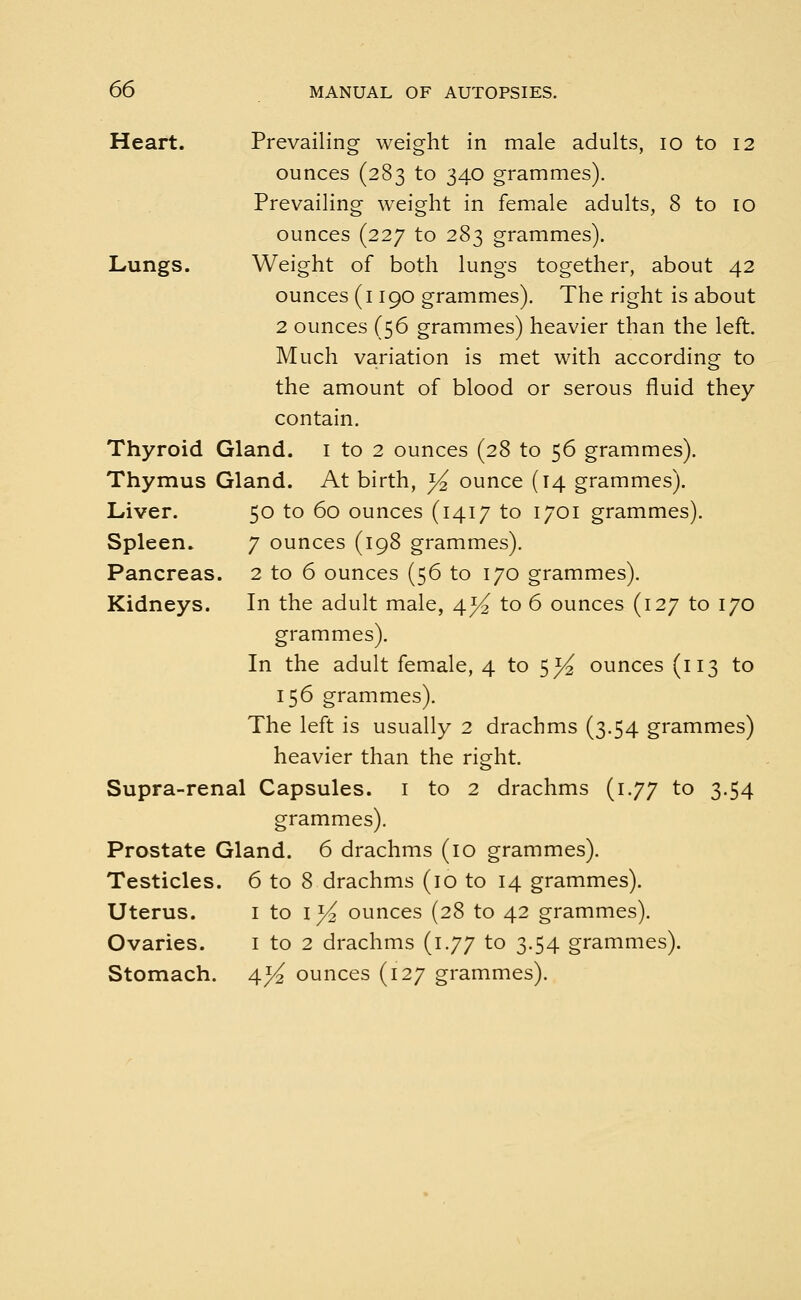 Heart. Prevailing weight in male adults, 10 to 12 ounces (283 to 340 grammes). Prevailing weight in female adults, 8 to 10 ounces (227 to 283 grammes). Lungs. Weight of both lungs together, about 42 ounces (1190 grammes). The right is about 2 ounces (56 grammes) heavier than the left. Much variation is met with according to the amount of blood or serous fluid they contain. Thyroid Gland. 1 to 2 ounces (28 to 56 grammes). Thymus Gland. At birth, j4 ounce (14 grammes). Liver. 50 to 60 ounces (1417 to 1701 grammes). Spleen. 7 ounces (198 grammes). Pancreas. 2 to 6 ounces (56 to 170 grammes). Kidneys. In the adult male, \]/2 to 6 ounces (127 to 170 grammes). In the adult female, 4 to 5^ ounces (113 to 156 grammes). The left is usually 2 drachms (3.54 grammes) heavier than the right. Supra-renal Capsules. 1 to 2 drachms (1.77 to 3.54 grammes). Prostate Gland. 6 drachms (10 grammes). Testicles. 6 to 8 drachms (10 to 14 grammes). Uterus. 1 to 1^ ounces (28 to 42 grammes). Ovaries. 1 to 2 drachms (1.77 to 3.54 grammes). Stomach. 4^ ounces (127 grammes).