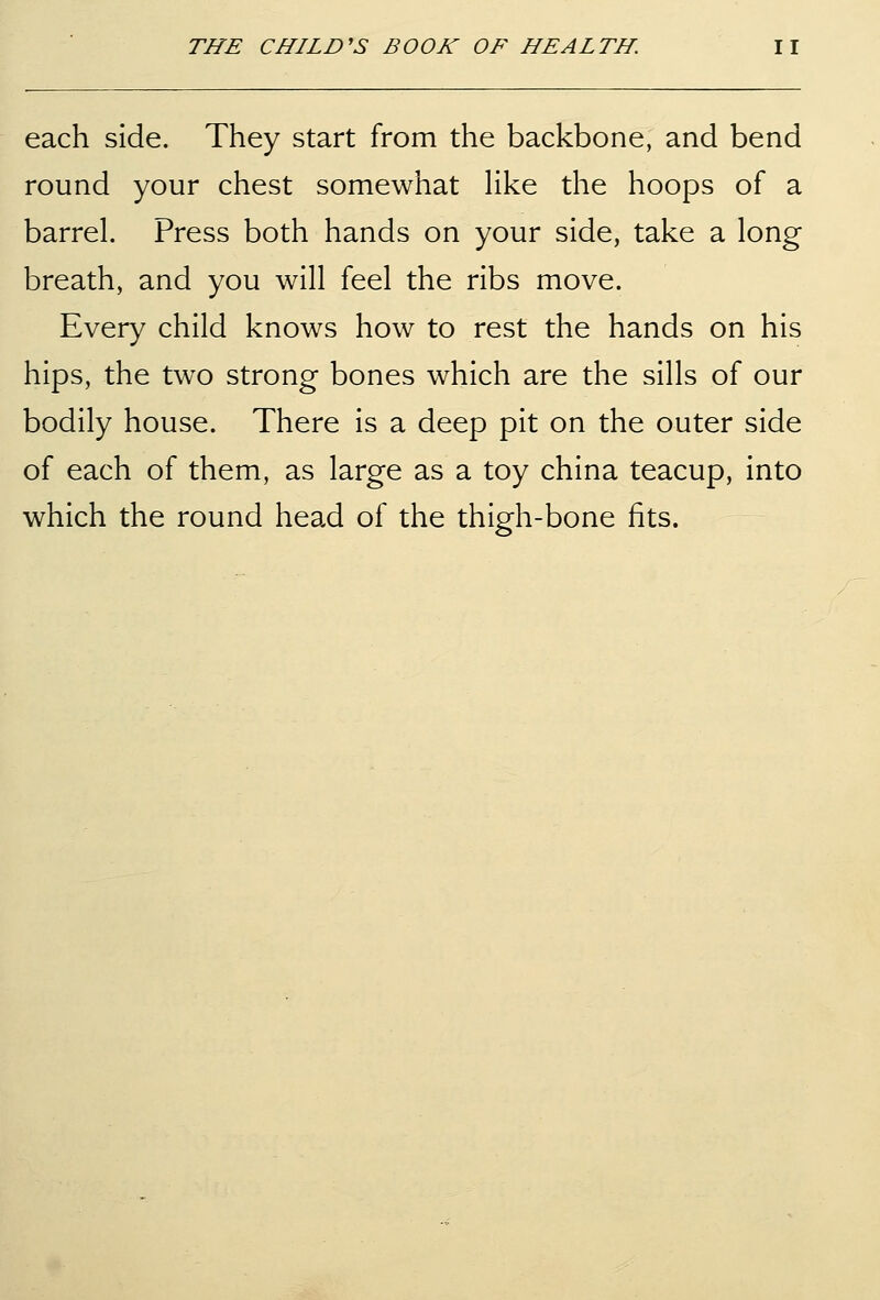 each side. They start from the backbone, and bend round your chest somewhat Hke the hoops of a barrel. Press both hands on your side, take a long breath, and you will feel the ribs move. Every child knows how to rest the hands on his hips, the two strong bones which are the sills of our bodily house. There is a deep pit on the outer side of each of them, as large as a toy china teacup, into which the round head of the thigh-bone fits.