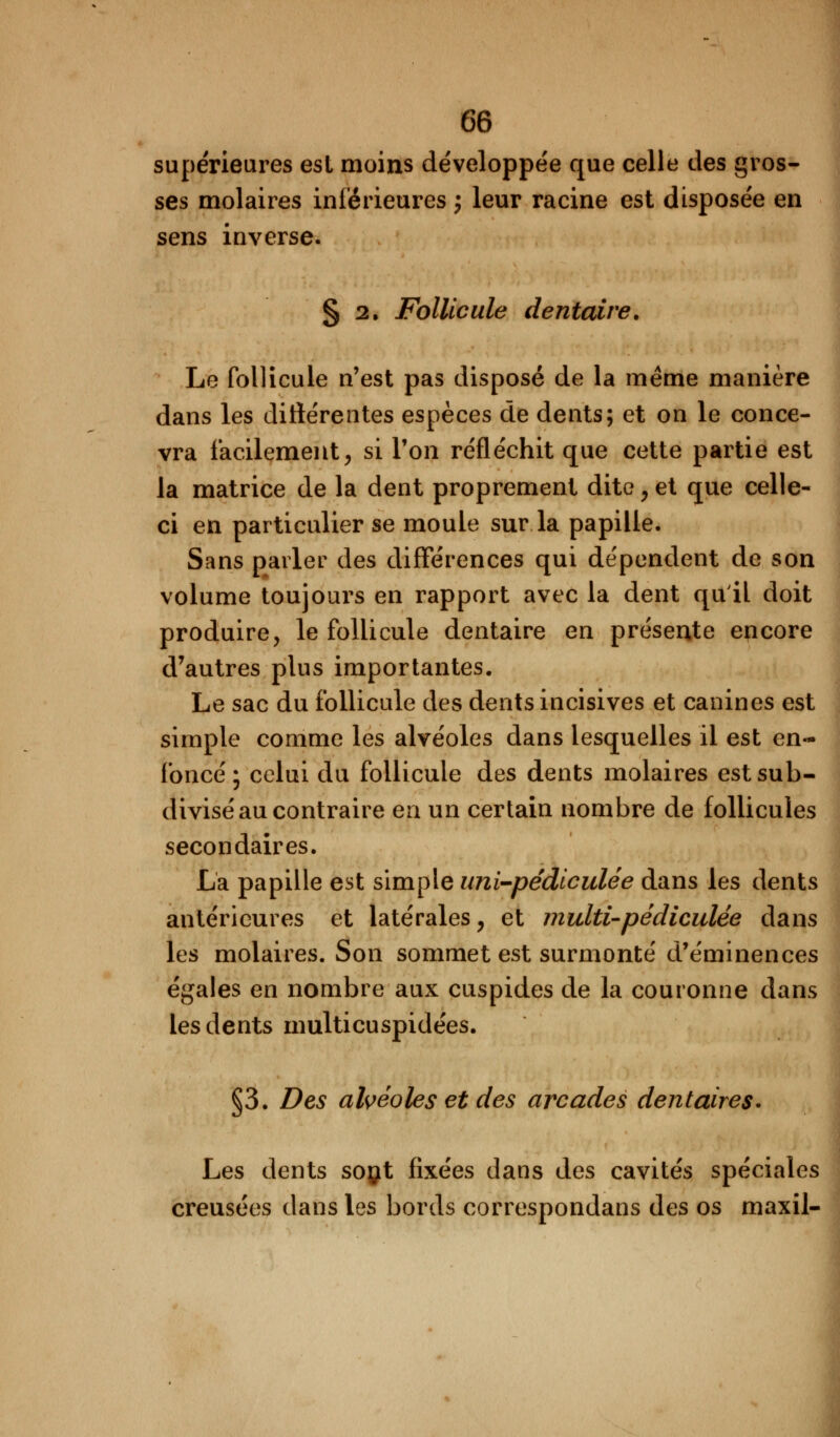 supérieures est moins développée que celle des gros- ses molaires inférieures ; leur racine est disposée en sens inverse. § 2, Follicule dentaire. Le follicule n'est pas disposé de la même manière dans les différentes espèces de dents; et on le conce- vra facilement, si Ton réfléchit que cette partie est la matrice de la dent proprement dite, et que celle- ci en particulier se moule sur la papille. Sans parler des différences qui dépendent de son volume toujours en rapport avec la dent qu'il doit produire, le follicule dentaire en présente encore d'autres plus importantes. Le sac du follicule des dents incisives et canines est simple comme les alvéoles dans lesquelles il est en- foncé ; celui du follicule des dents molaires est sub- divisé au contraire en un certain nombre de follicules secondaires. La papille est simple uni-pédicule e dans les dents antérieures et latérales, et multi-pédiculée dans les molaires. Son sommet est surmonté d'éminences égales en nombre aux cuspides de la couronne dans les dents multicuspidées. §3. Des alvéoles et des arcades dentaires. Les dents soçt fixées dans des cavités spéciales creusées dans les bords correspondans des os maxil-