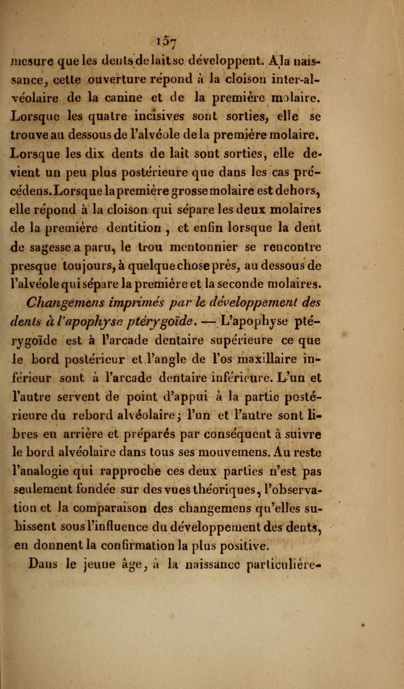 mesure que les dents de lait se développent. Ala nais- sance, cette ouverture repond à la cloison inter-al- véolaire de la canine et de la première molaire. Lorsque les quatre incisives? sont sorties, elle se trouve au dessous de l'alvéole delà première molaire. Lorsque les dix dents de lait sont sorties, elle de- vient un peu plus postérieure que dans les cas pré- cédens.Lorsque lapremière grosse molaire est dehors, elle répond à la cloison qui sépare les deux molaires de la première dentition 1 et enfin lorsque la dent de sagesse a paru, le trou moutonnier se rencontre presque toujours, à quelque chose près, au dessous de l'alvéole qui sépare la première et la seconde molaires. Changemens imprimés par le développement des dents à l'apophyse ptérygoïde. — L'apophyse pté- rygoïde est à l'arcade dentaire supérieure ce que le bord postérieur et l'angle de Fos maxillaire in- férieur sont à l'arcade dentaire inférieure. L'un et l'autre servent de point d'appui à la partie posté- rieure du rebord alvéolaire ; l'un et l'autre sont li- bres en arrière et préparés par conséquent à suivre le bord alvéolaire dans tous ses mouvemens. Au reste l'analogie qui rapproche ces deux parties n'est pas seulement fondée sur des vues théoriques, l'observa- tion et la comparaison des changemens qu'elles su- bissent sous l'influence du développement des dents, en donnent la confirmation la plus positive. Dans le jeuue âge, à la naissance particulière-