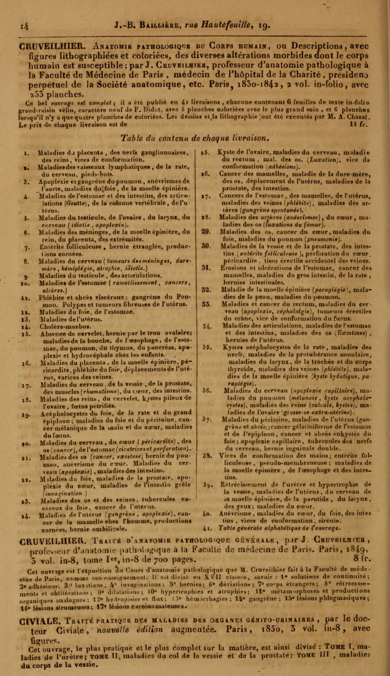 CRUVEILHIER. Anatomib pathologique du Corps humain, ou Descriptions, avec figures lithographiées et coloriées, des diverses altérations morbides dont le corps humain est susceptible; par J. Cruveilhier, professeur d'anatomie pathologique à la Faculté de Médecine de Paris , médecin de l'hôpital de la Charité , président perpétuel de la Société anatomique, etc. Paris^ i83o-i84-2, 2 vol. in-folio, avec a53 planches. Ce bel ouvrage est complet; il a été publié en 4i livraisons , chacune contenant 6 feuilles de texte in-folio grand-raisin vélin, caractère neuf de F. Did&t, avec 5 planches coloriées avec le plus grand soin , et 6 planches lorsqu'il n'y a que quatre planche* de coloriées. Les dessius et4la lithographie ;ont été exécutés par M. A. Chazal. Le prix de chaque livraison est de 11 fr. Table du contenu de chaque livraison. 12. l3. U. 15. 16. If. 18. *3. «4- Maladie» du placenta , des nerfs ganglionnaires, des reins, vices de conformation. Maladiesdes vaisseaux lymphatique» , de la rate, du cerveau, pieds-bots. Apoplexie et gangrène du poumon , anèvrismesde l'aorte, maladies du^foie , de la moelle épinière. Maladies de l'estomac et des intestins, des adieu- lation» {Goutte), de la colonne vertébrale, de l'u- térus. Maladie» du testicule, de l'ovaire, du larjnx, du cerveau ( idiotie , apoplexie). Maladies des méninges, de la moelle épinière, du rein, du placenta, des extrémité». iv.iiérite folliculeuse , hernie étranglée, produc- tion» cornées. Maladies du cerveau ( tumeurs des méninges, dure- mère , hémiplégie, atrophie, idiotie.) Maladies du testicule, désarticulations. Maladies de l'estomac ( ramollissement, cancers, ulcères.) Phlébite et abcès viscéraux: gangrène du Pou- mon. Polypes et tumeurs ûbreuses de l'utérus. Maladies du foie, de l'estomac. Maladies de l'utérus. Choléra-morbus. Absence de cervelet, hernie par le trou ovalaire; maladiesde la bouche, de l'œsophage, de l'esto- mac, du poumon, du thymus, du pancréas, apo- plexie et hydrocéphale chez les enfants. Maladies du placenta, de la moelle épinière, pé- ricardite, phlébite du foie, déplacementsde l'uté- rus, varices des veines. Maladies du cerveau . de la vessie , de la prostate, des muscles [rhumatisme), du cœur, des intestins. Maladies des reins, du cervelet, k/ates pileux de l'ovaire, fœtus pétrifié». Acéphalocystes du l'oie, de la rate et du grand épiploon ; maladies du foie et du péritoine, can- cer mélanique de la uiain et du cœur, maladies du fœtus. Maladie» du cerveau , du cœur ( péricardite), des os (cancer), de l'estomac (cicatriceset perforation). Maladiesdes os (cancer, exostose) hernie du pou- ! mon, anévrisme du cneur. Maladies du cer- veau (apoplexie), maladiesdes intestins. Maladie» du foie, maladie» de la prostate, apo- plexie du cœur, maladies de 1 intestin grêle | (invagination ) Maladies des os et des veines , tubercules ca- céreux du foie, cancer de l'utérus. Maladies de l'utérus (gangrène, apoplexie), can- cer de la mamelle chez l'homme, productions cornées, hernie ombilicale. a5. Kyste de l'ovaire, maladies du cerveau, maladie du rectum , mal. des os. (Luxation), vice da conformation (adhésions). »6. Cancer des mamelles, maladie de la dure-mère, des os, déplacement de l'utérus, maladies de la prostate, des intestins. 17» Cancers de l'estomac , des mamelles, de l'utérus, maladiesdes veines (phlébite), maladies des ar- tères (gangrène spontanée). t8. Maladie» des artères (anévrismes), du cœur , ma- ladies des os (luxations du fémur). 29. Maladies des os, cancer du cœur, maladies du foie, maladies du poumon (pneumonie). 30. Maladiesde la vessie et de la prostate, de» intes- tins ( entérite folliculeuse ), perforation du cœur, péricardite , tissu érectile accidentel des veines. 31. Erosion» et ulcération» de l'estomac, cancer des mamelles, maladies du gros intestin, de la rate , hernies intestinales. 32. Maladie de la moelle épinière (paraplégie), mala- dies de la peau, maladies du poumon. 33. Maladies et cancer du rectum, maladies du cer- veau (apoplexie, céphalalgie), tumeurs érectiles du crâne, vice de conformation du fœlus. 34. Maladies des articulations, maladies de l'estomac et des intestins, maladies des os (Exostoses) , hernies de l'utérus. 55. Kystes acéphalocystes de la rate, maladie» des nerfs, maladies de la protubérance annulaire, maladies du larynx, de la trachée et du corps thyroïde, maladies des veines (phlébite), mala- dies de la moelle épinière (kyste hydatique, pa raplégie). 56. Maladies du cerveau (apoplexie capillaire), ma- ladies du poumon (mélanose , kyste acéphalo- cystes), maladies des reins (calculs, kystes), ma- ladies de l'ovaire 'grossesse extra-utérine). 57. Maladies du péritoine, maladies de l'utérus (gan- grène et abcès] ; cancer gèlaliniforme de l'estomac et de Pépiploon, cancer et abcès enkystés du foie ; apoplexie capillaire, tubercules des nerfs du cerveau, hernie inguinale double. 35. Vice» de conformation des mains; entérite fol- liculeuse, pseudo-membraneuse; maladiesde la moelle épinière , de l'œsophage et des intes- tins. 3t). Rétrécissement de l'urètre et hypertrophie de la vessie, maladies de l'utérus, du cerveau de ■ a moelle épinière, dé la parotide , du larynx, des yeux; maladies du cœur. 4o. Anévrisme, maladies du cœur, du foie, des intes tins , vices de conformation, sirénie. 4i. Table générale alphabétique de ^ouvrage. CRUVEILHIER. Traité d'anatomib pathologique géveralk, ptr J. Gruveilhieb, professeur d'anatotnie pathologique à la Faculté de médecine de Paris. Paris, 1849 5 vol. in-8, tome 1er, in-8 de 700 pages. Cet ouvrage f st l'exposition du Cours d'anatoiaie pathologique que M. Cruveilhier fait à la Facul 8tr. ctue de Paris, comme son eu*eig«em 2e adhésions; 3 ments et oblilè » lux itions , V niions; 0° dila nt. Il e*t divise' en KVU classe», invaginations: 5° hernies; 6° déviation* ions; 10° hypertrophies et atrophies: lé de méde- savoir : 1° solutions de continuité ; 7° coeps étrangers; 8° rélrécisse- 11° métamorphoses et productions 10 organiques analogues : l> hydropistes et Hux;'l> hèuurrhagies ; !*• gangrène; 15» lésions phlegmasiques 16° lésions strumeuses; 17° lésions carcinomaleuses. CIVIALE. TaAITB PRATIQUE DES M\LADI«S DES ORGANES GBNITO-URINAIRES , par le doC- teur Giviaie, nouvelle édition augmentée. Paris, i85o, 3 vol. in-8, avec figures. Cet ouvrage, le plus pratique et le plus complet sur la matière, est ainsi divise : ToME I, ma- ladies de l'urètre; TOME II, maladies du col de la vessie et de la prostate; TOME III , maladies du corps de la vessie.