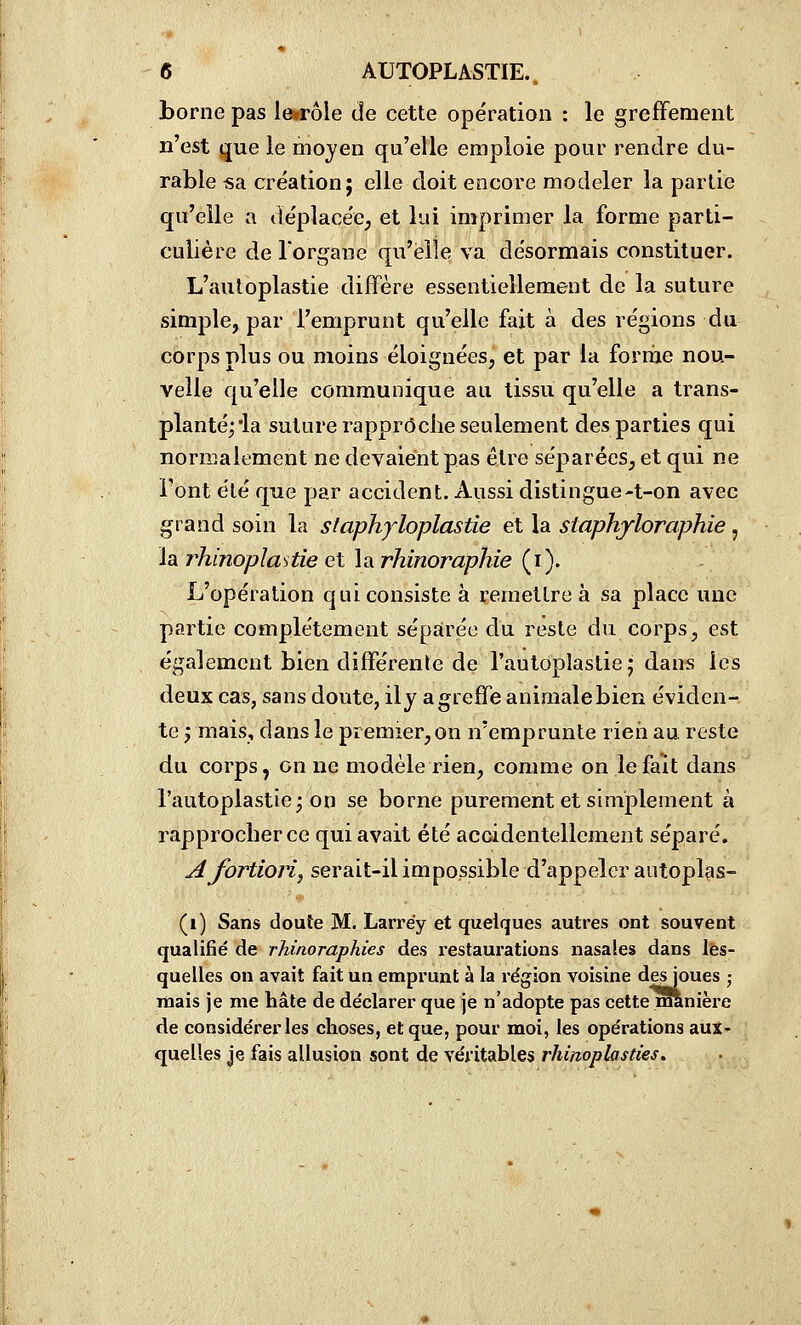 borne pas learôle de cette opération : le grefFement n'est jjue le moyen qu'elle emploie pour rendre du- rable sa. création; elle doit encore modeler la partie qu'elle a déplace'e^ et lui imprimer la forme parti- culière de Torgane qu'elle va désormais constituer. L'auloplastie diffère essentiellement de la suture simple, par l'emprunt qu'elle fait à des régions du corps plus ou moins éloignées, et par la forme nou- velle qu'elle communique au tissu qu'elle a trans- planté^ia suture rapproche seulement des parties qui normalement ne devaient pas être séparées, et qui ne l'ont été que par accident. Aussi distingue-t-on avec grand soin la staphyloplastie et la staphjloraphie, la rhinoplastie et la rhinoraphie (i). L'opération qui consiste à remettre à sa place une partie complètement sépairée du reste du corps, est également bien différente de l'autoplaslie ; dans les deux cas, sans doute, il j a greffe animale bien éviden- te j mais, dans le premier,on n'emprunte rien au reste du corps, on ne modèle rien, comme on le fait dans l'autoplastie; on se borne purement et simplement à rapprocher ce qui avait été accidentellement séparé. A fortiori^ serait-il impossible d'appeler autoplas- (i) Sans doute M. Larréy et quelques autres ont souvent qualifié de rhinoraphies des restaurations nasales dans lès- quelles on avait fait un emprunt à la région voisine des joues j mais je me hâte de déclarer que je n'adopte pas cette manière de considérer les choses, et que, pour moi, les opérations aux- quelles je fais allusion sont de véritables rhinoplasties.